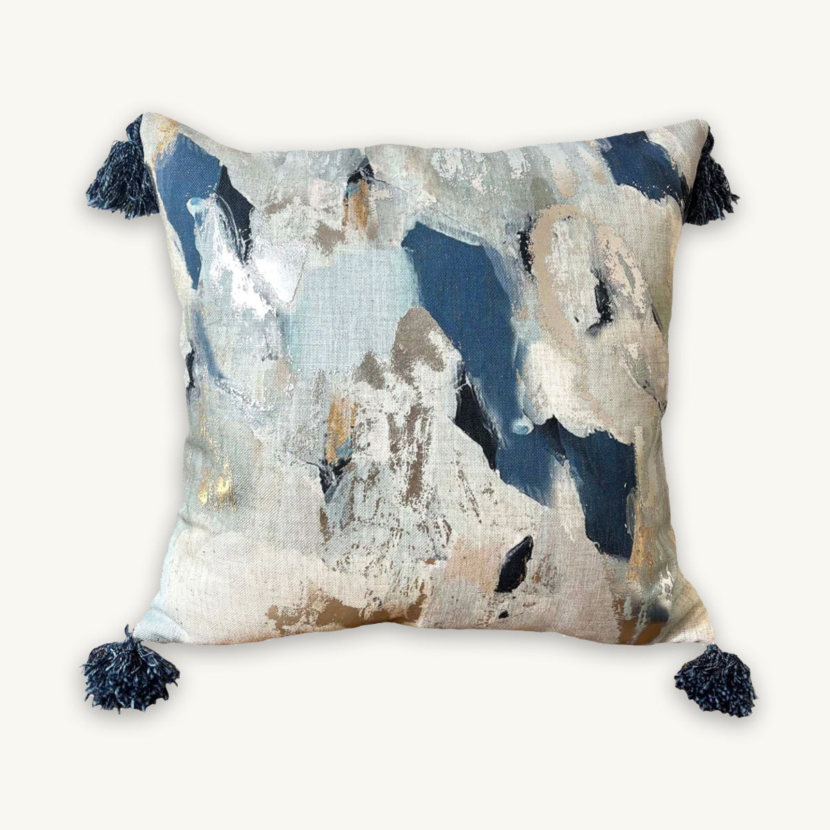 Abstract Blue & Silver Tassel Cushion - 45x45cm