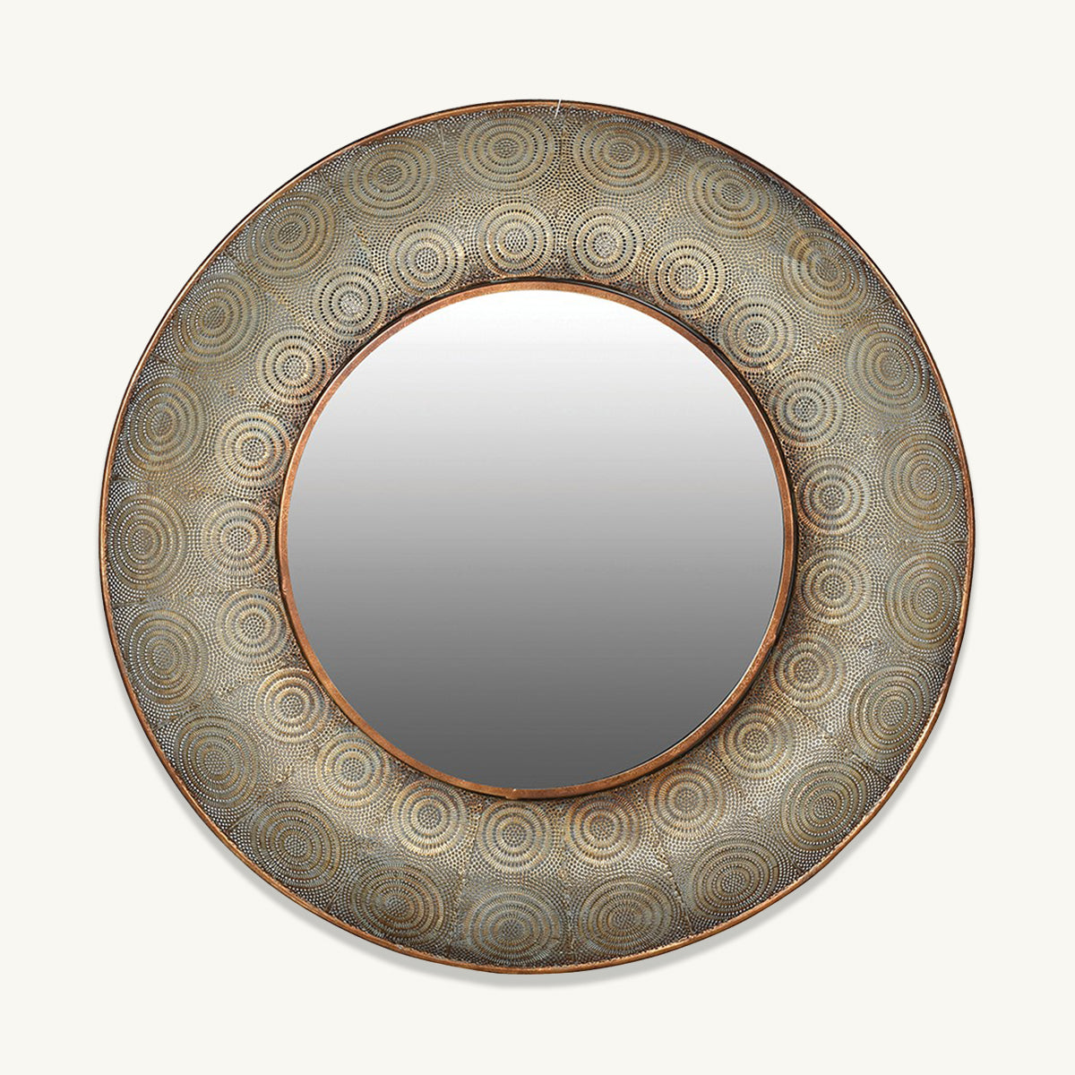 A round filigree mirror in an antique gold shade.