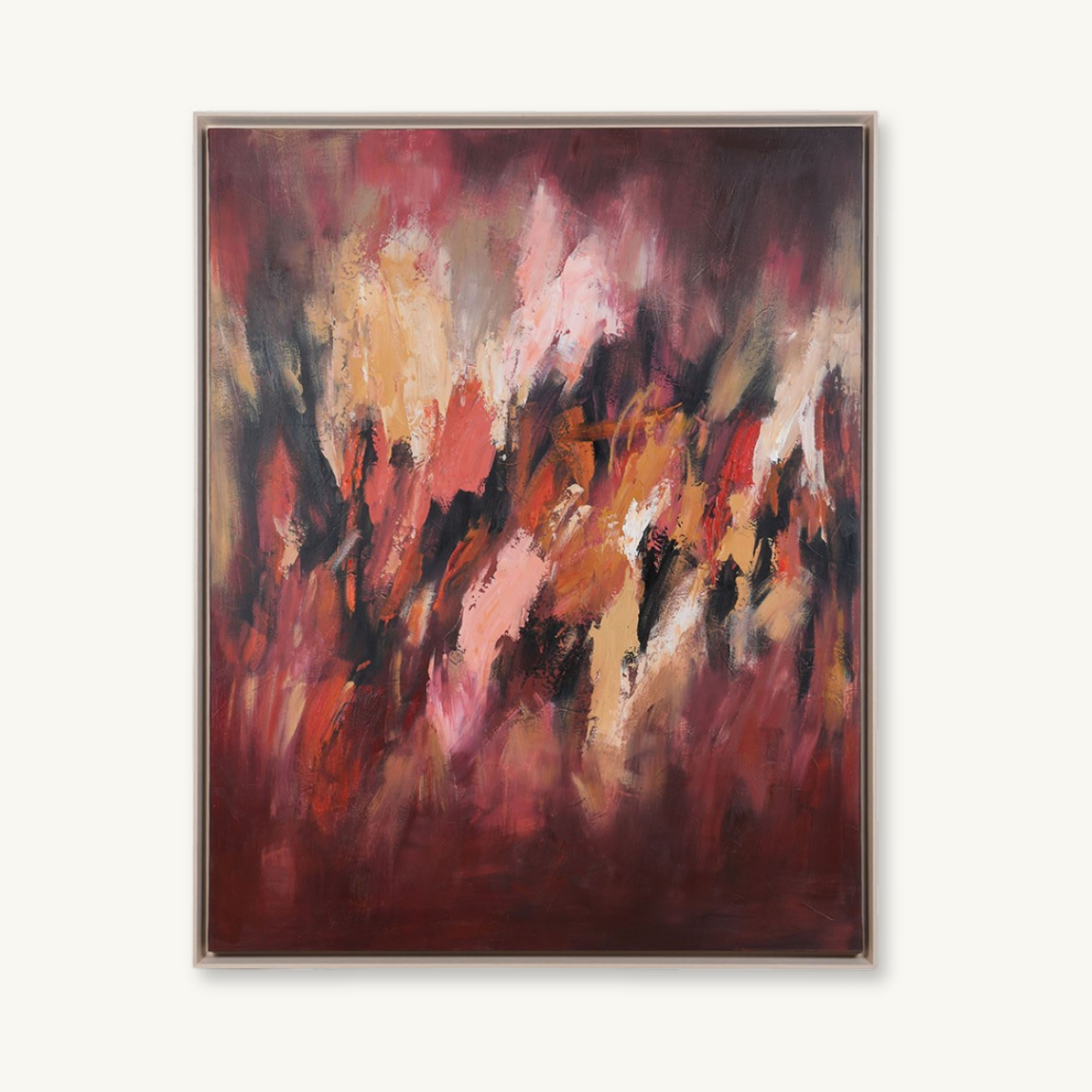 Framed abstract expressionist painting with fiery red, orange, pink, black, and cream brushstrokes, creating a dramatic, turbulent mood.