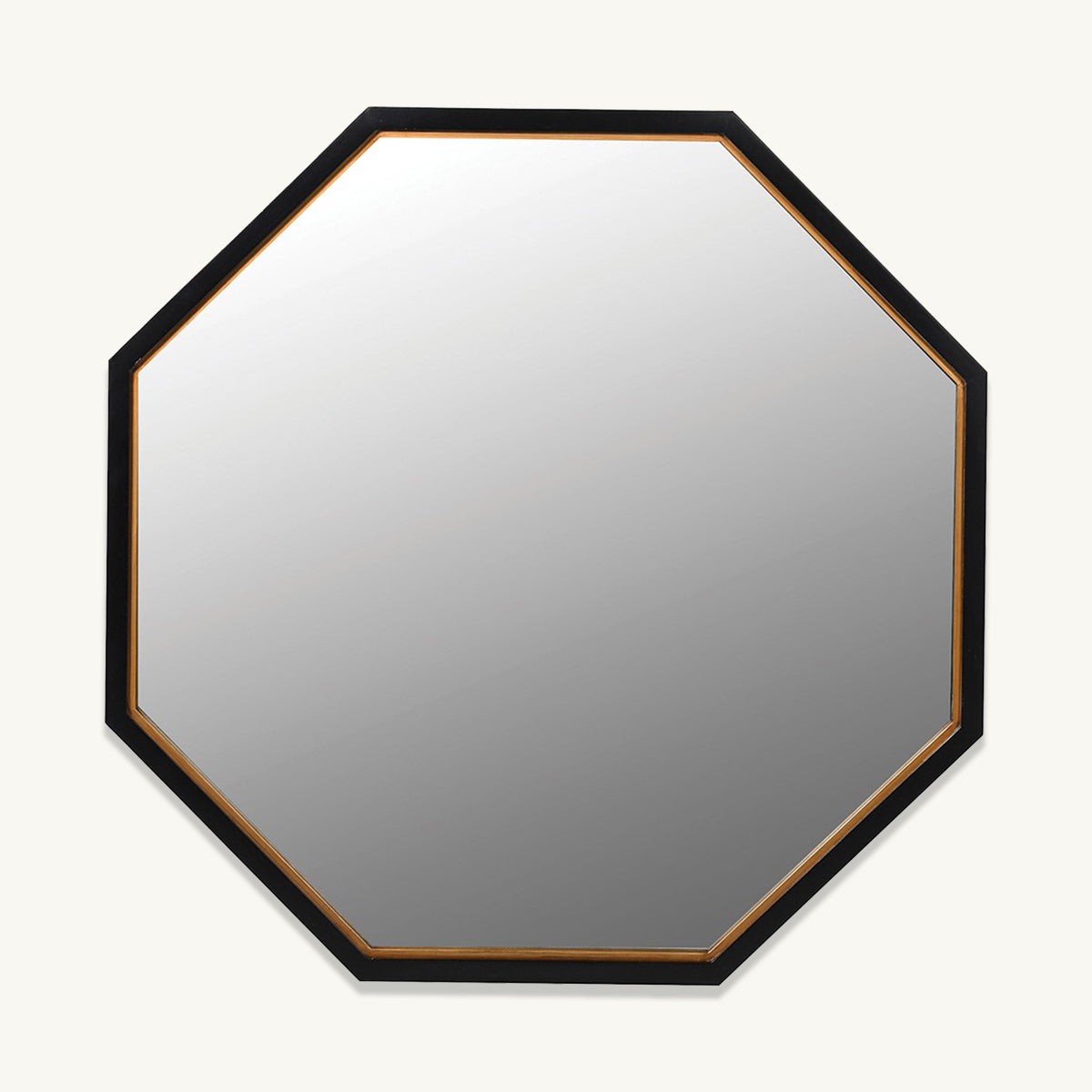 A black octagonal shape mirror with a subtle gold border and a black frame.