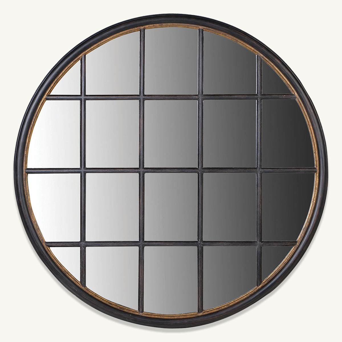 A black grid mirror with a golden border inside the frame.