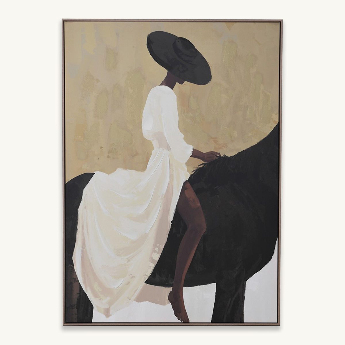 Framed artwork of a person in a white dress and black hat riding a horse on a beige background