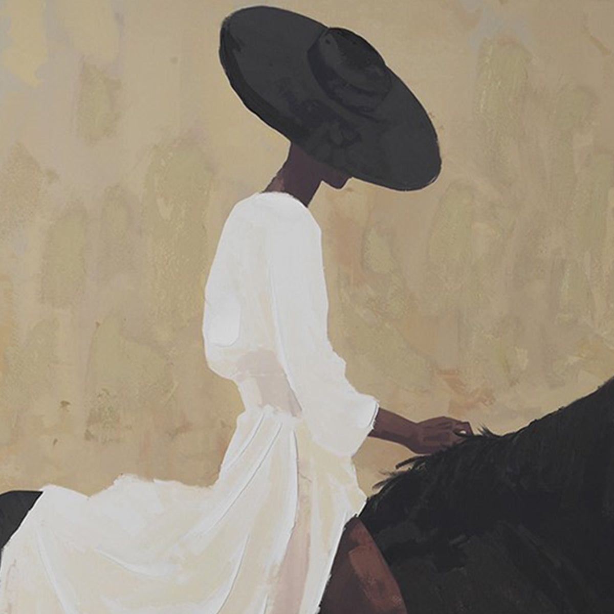 Art of figure wearing a black hat and white garment, sitting on a horse against a textured beige background
