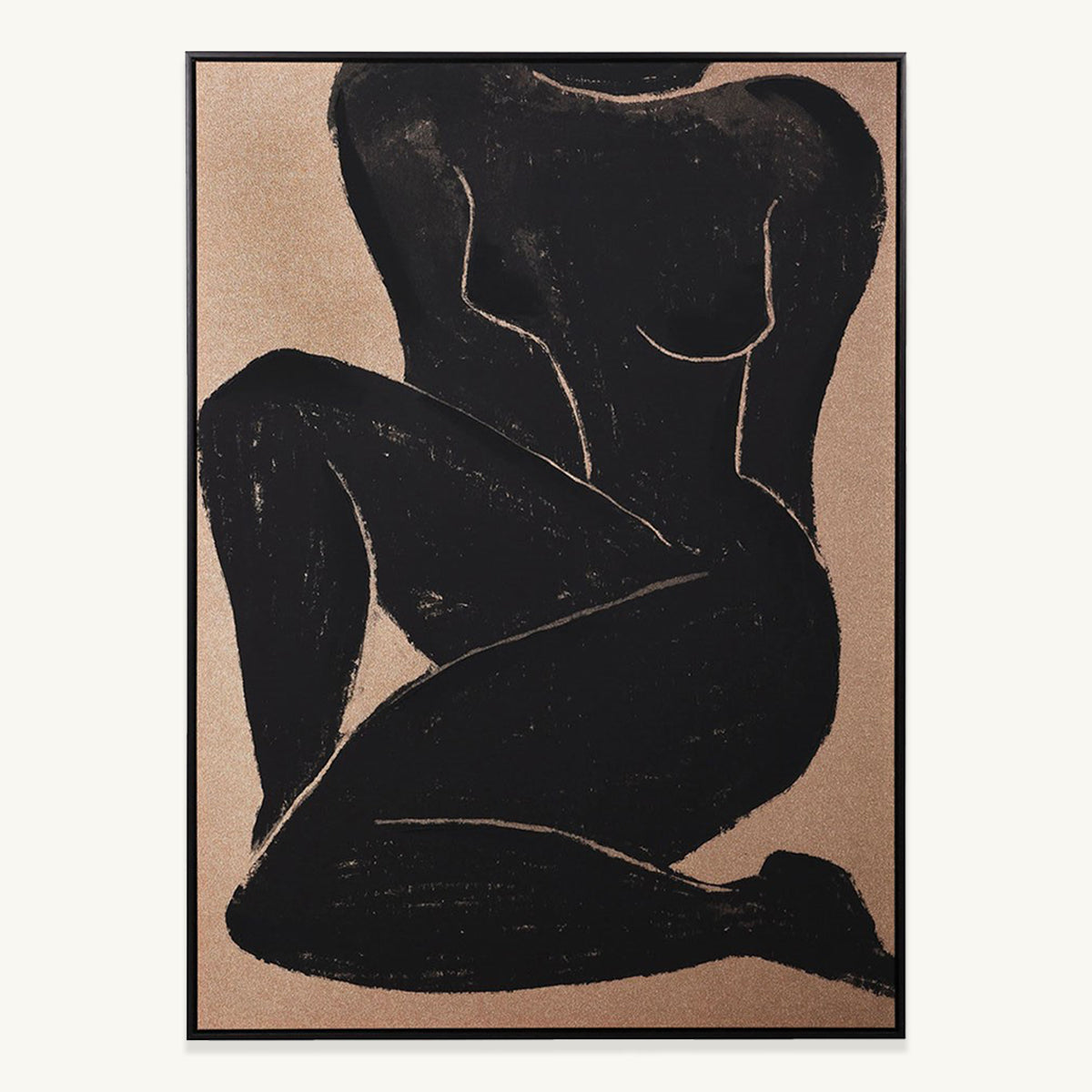 A minimalistic wall canvas featuring a black female silhouette against a beige background.