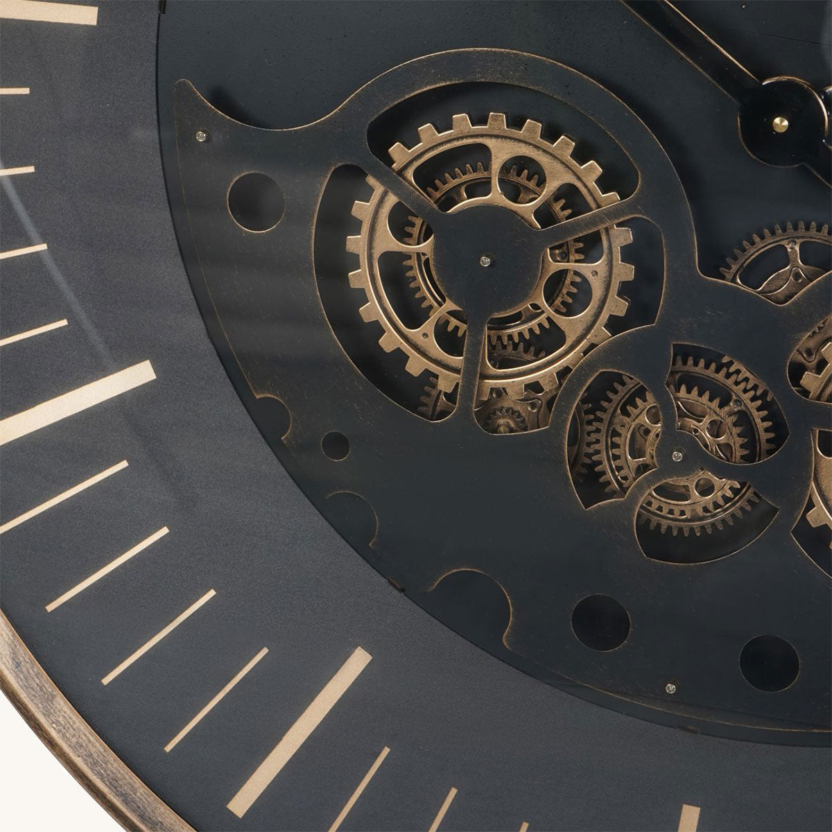 Close-up of a clock face with intricate gear mechanism