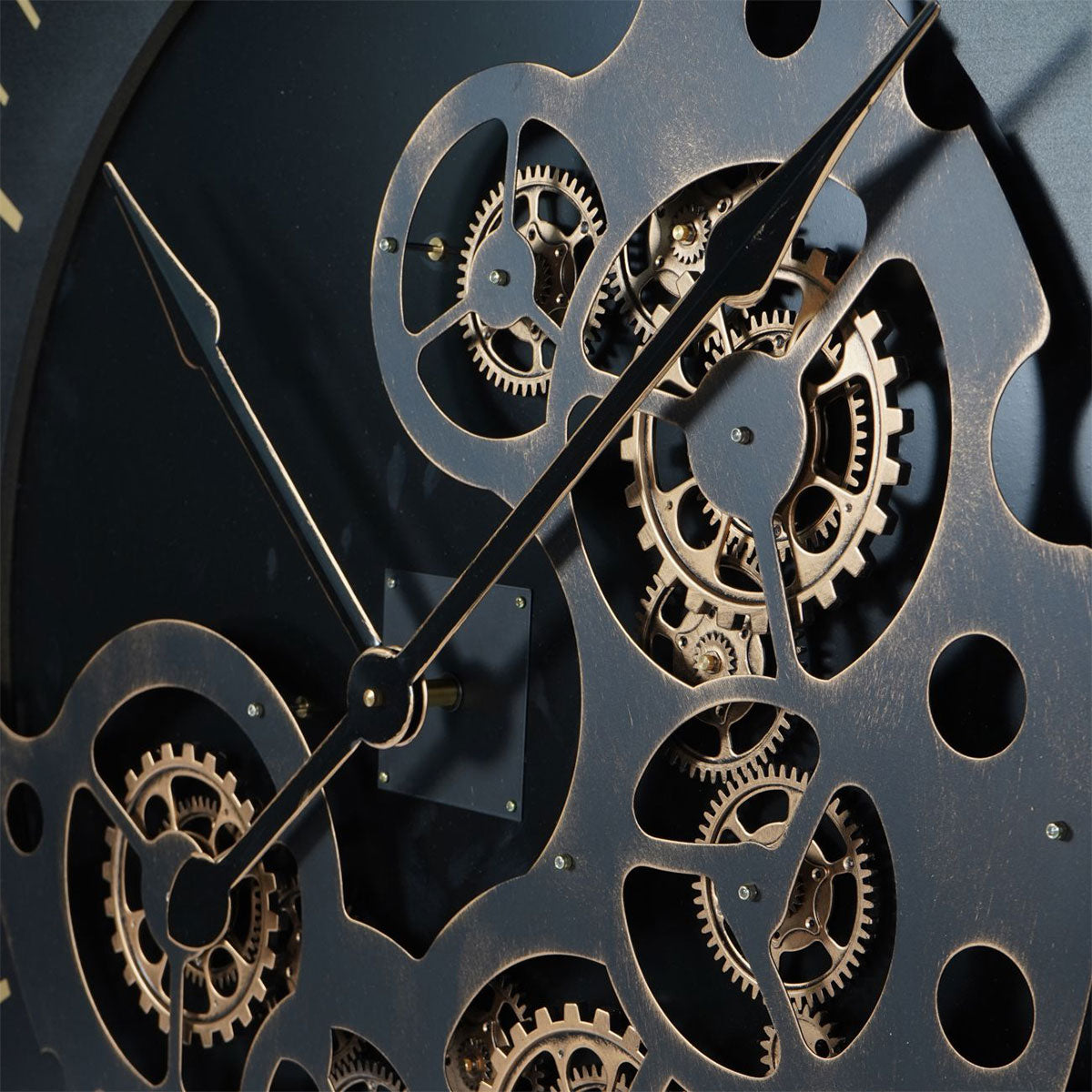 Close-up of a mechanical clock with gears and hands on a dark background