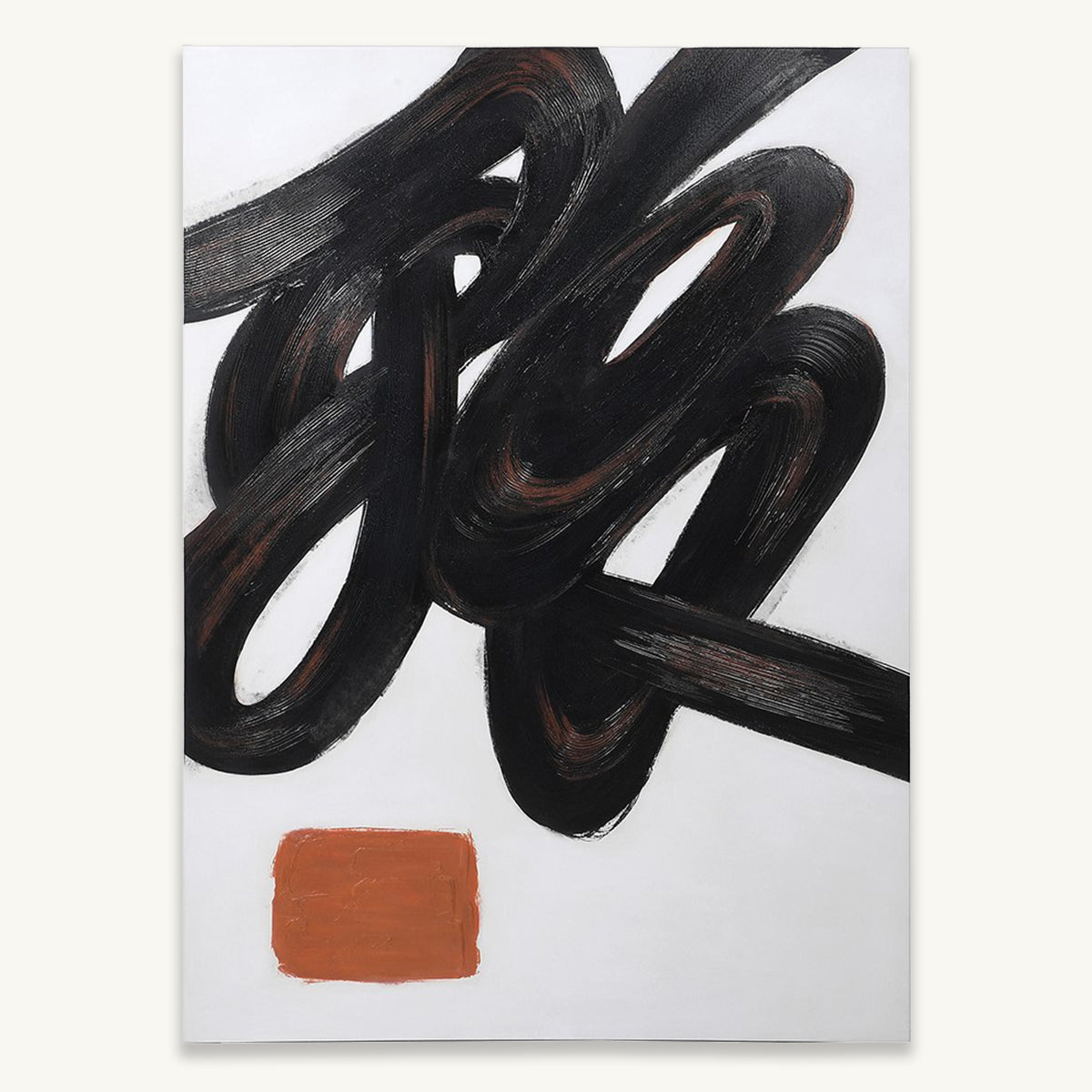Abstract art piece with black intertwined lines and a brown square on a white background