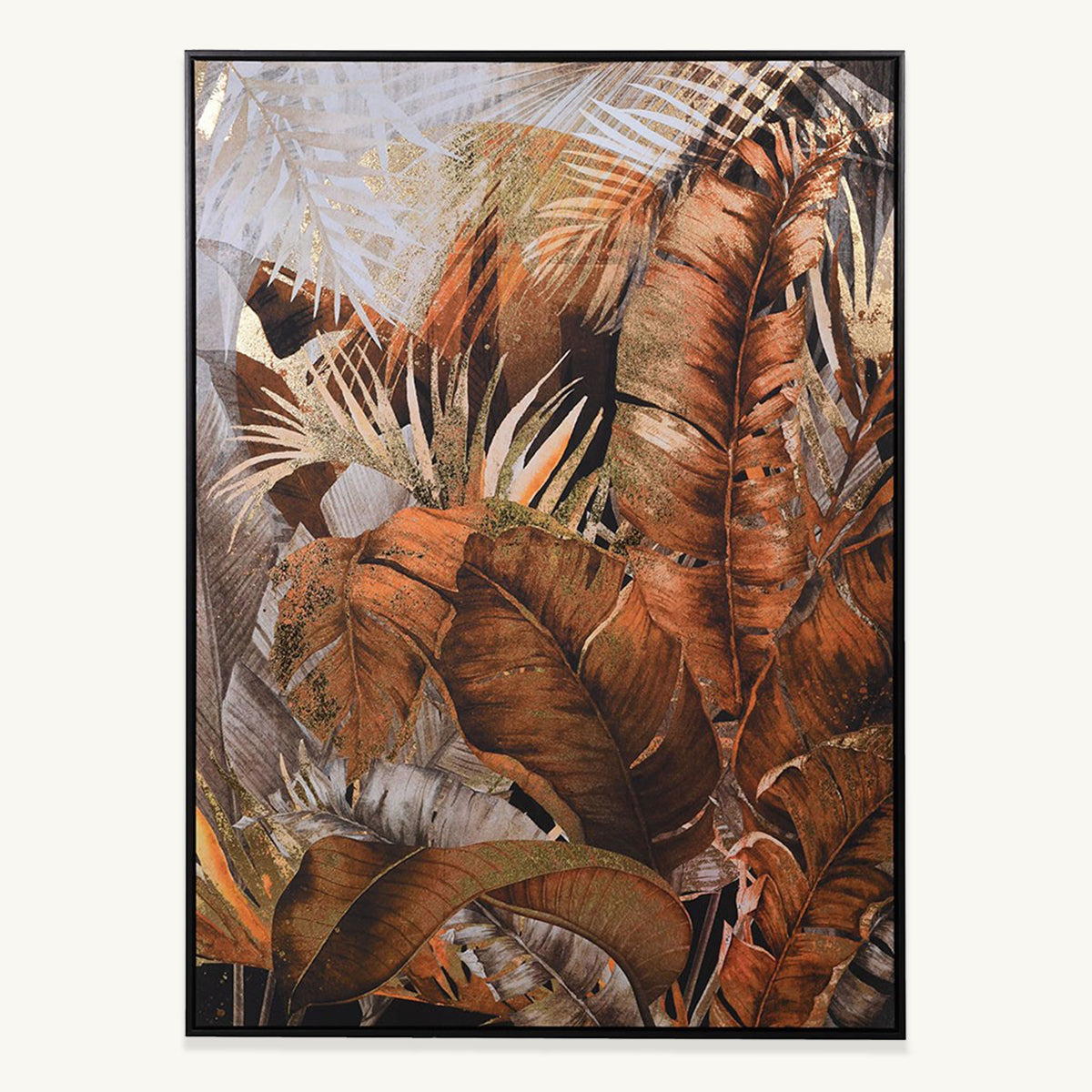 A bronze and gold toned canvas featuring tropical palm leaves.