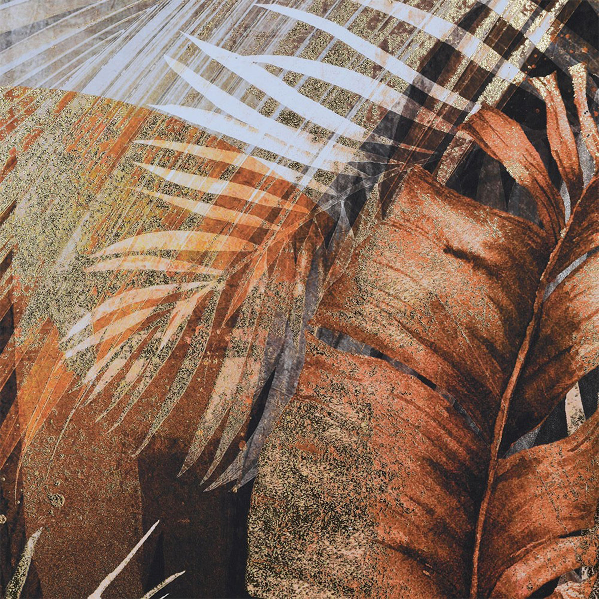 A close up of a tropical palm tree wall canvas in tones of bronze and gold.