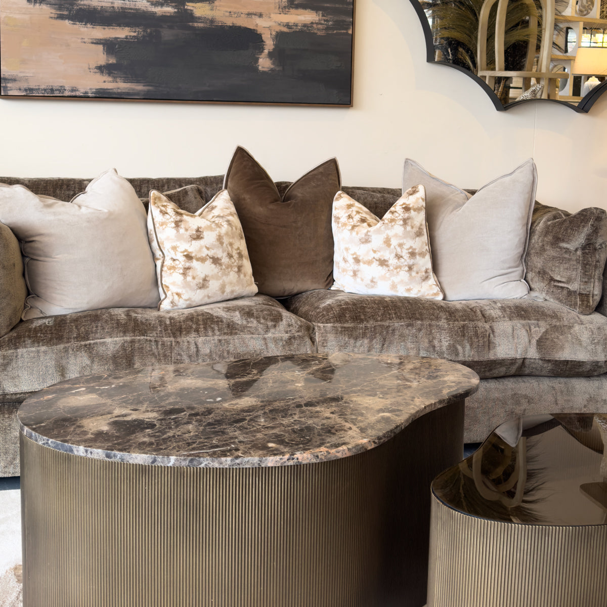 Brown Marble & Glass Organic Coffee Tables - Set of 2