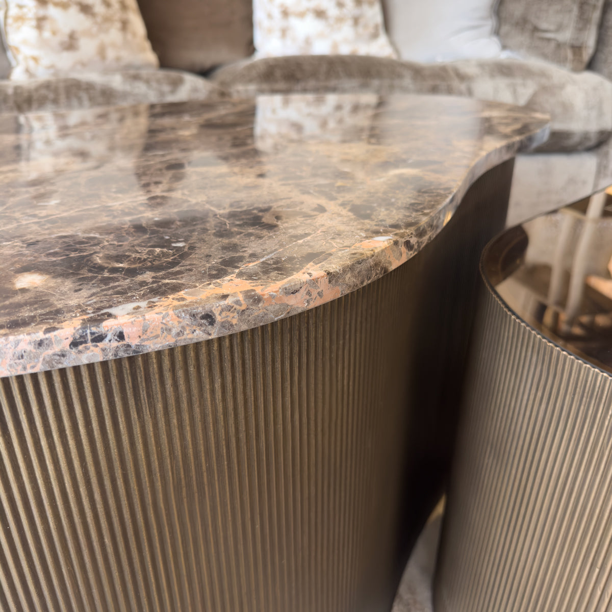 Brown Marble & Glass Organic Coffee Tables - Set of 2