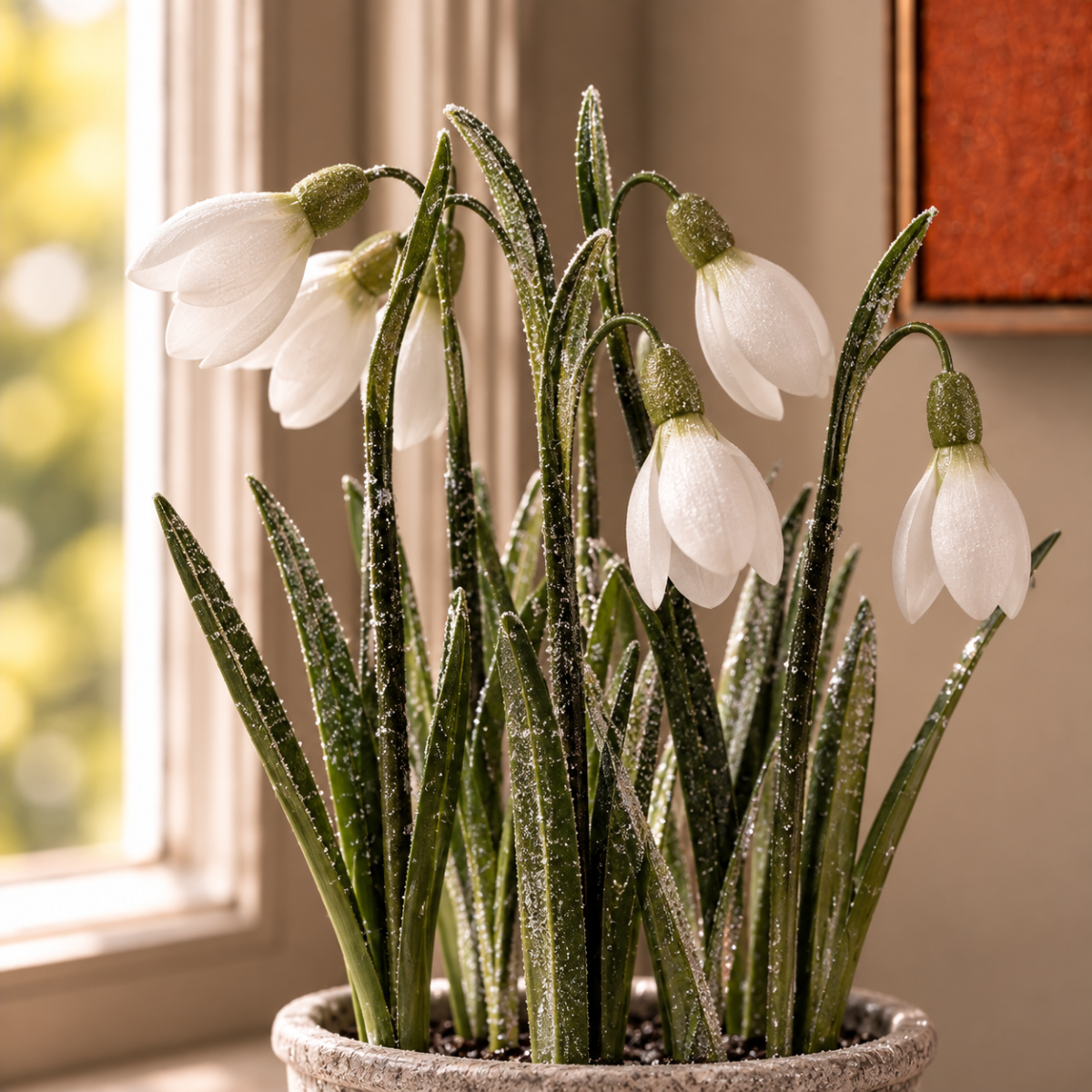 Frosted Snowdrops in Silver Pot