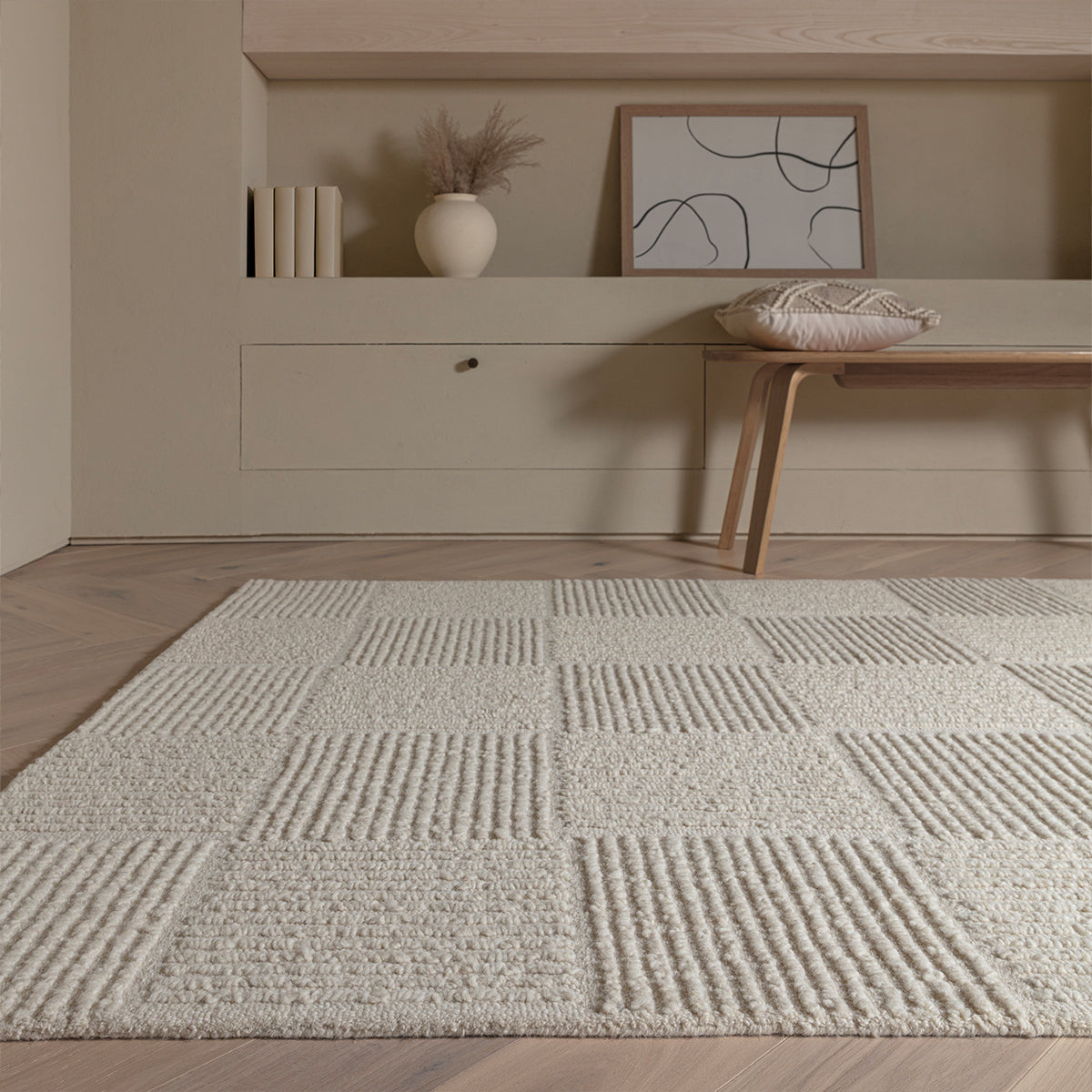 Cream Embossed Grid Rug - Various Sizes