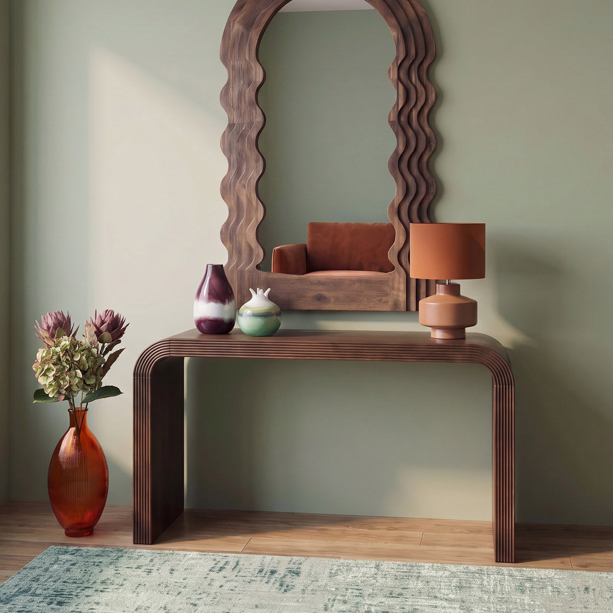 Curved Edge Ridged Oak Console Table