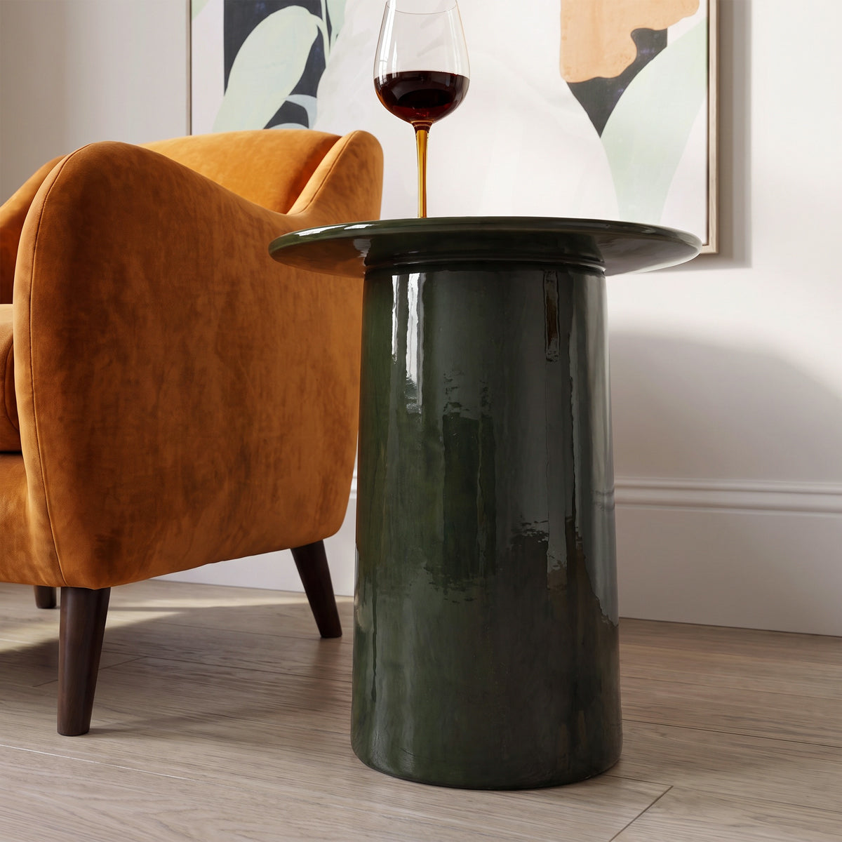 Dark Green Stoneware Cylindrical Side Table