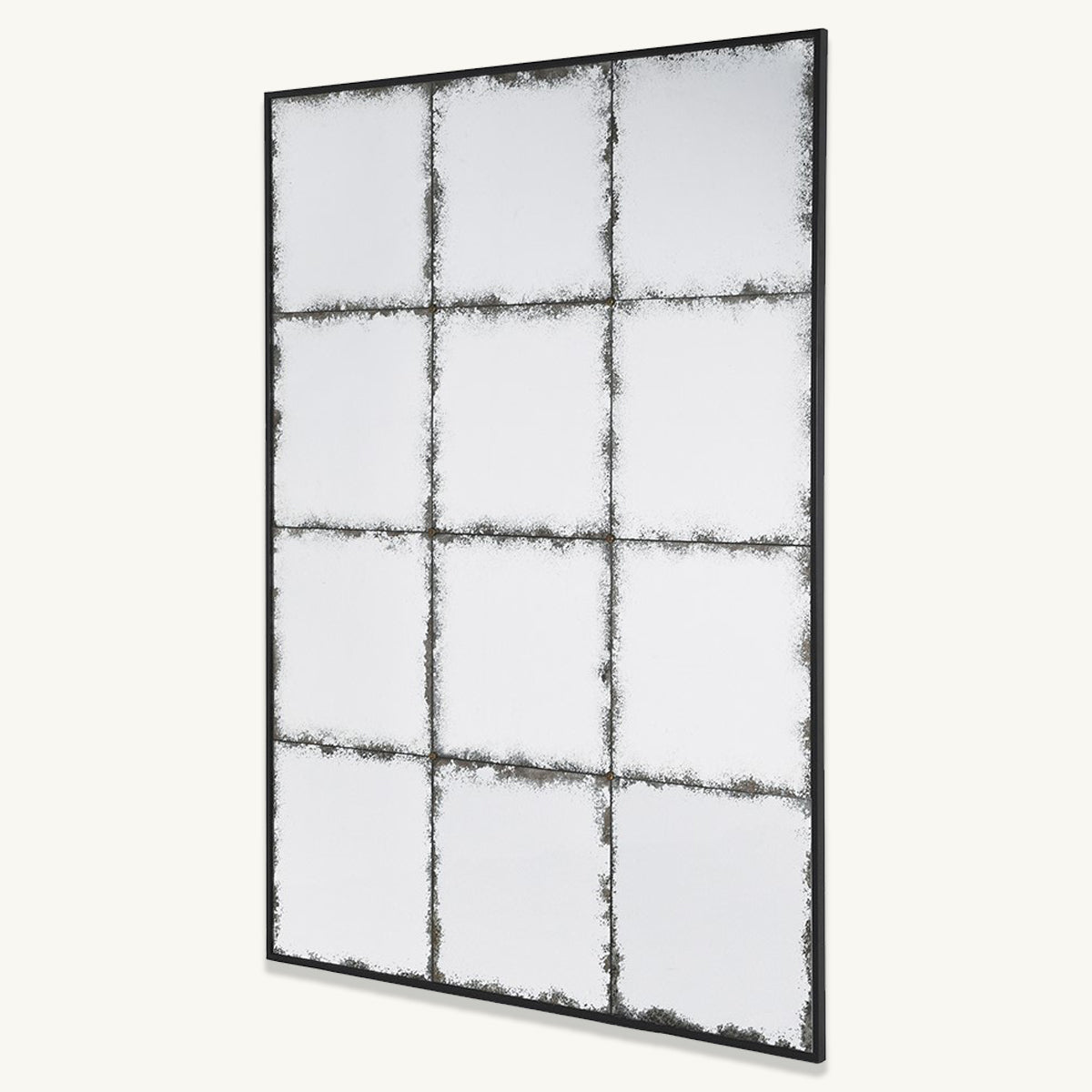 A rectangular grid mirror with a black frame and distressed glass panes.