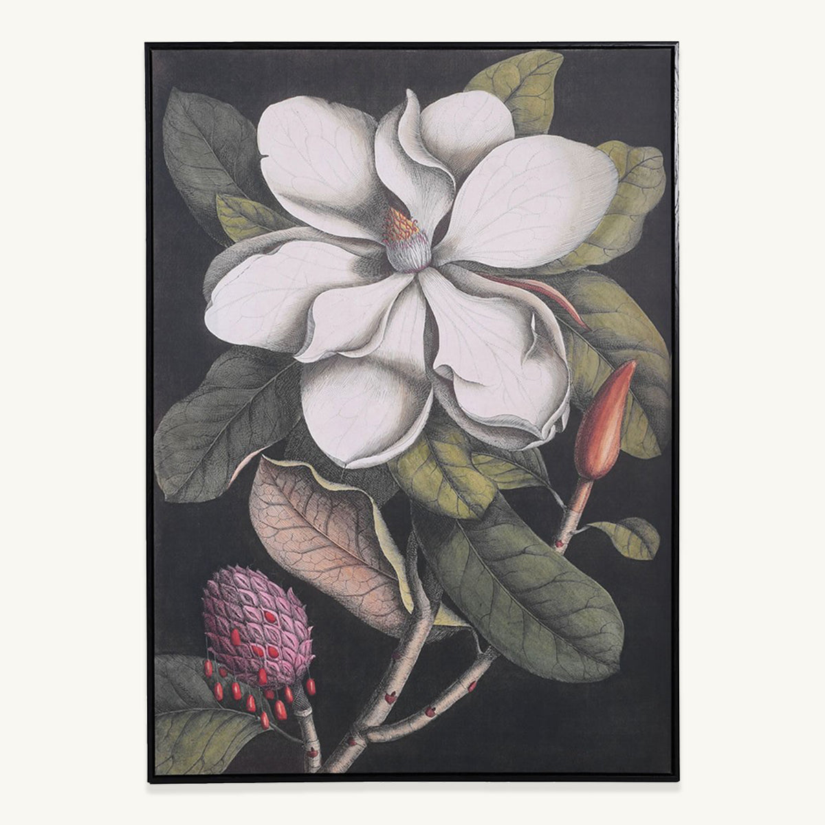A black framed canvas featuring a bold retro floral pattern in black, white, green and plum tones.