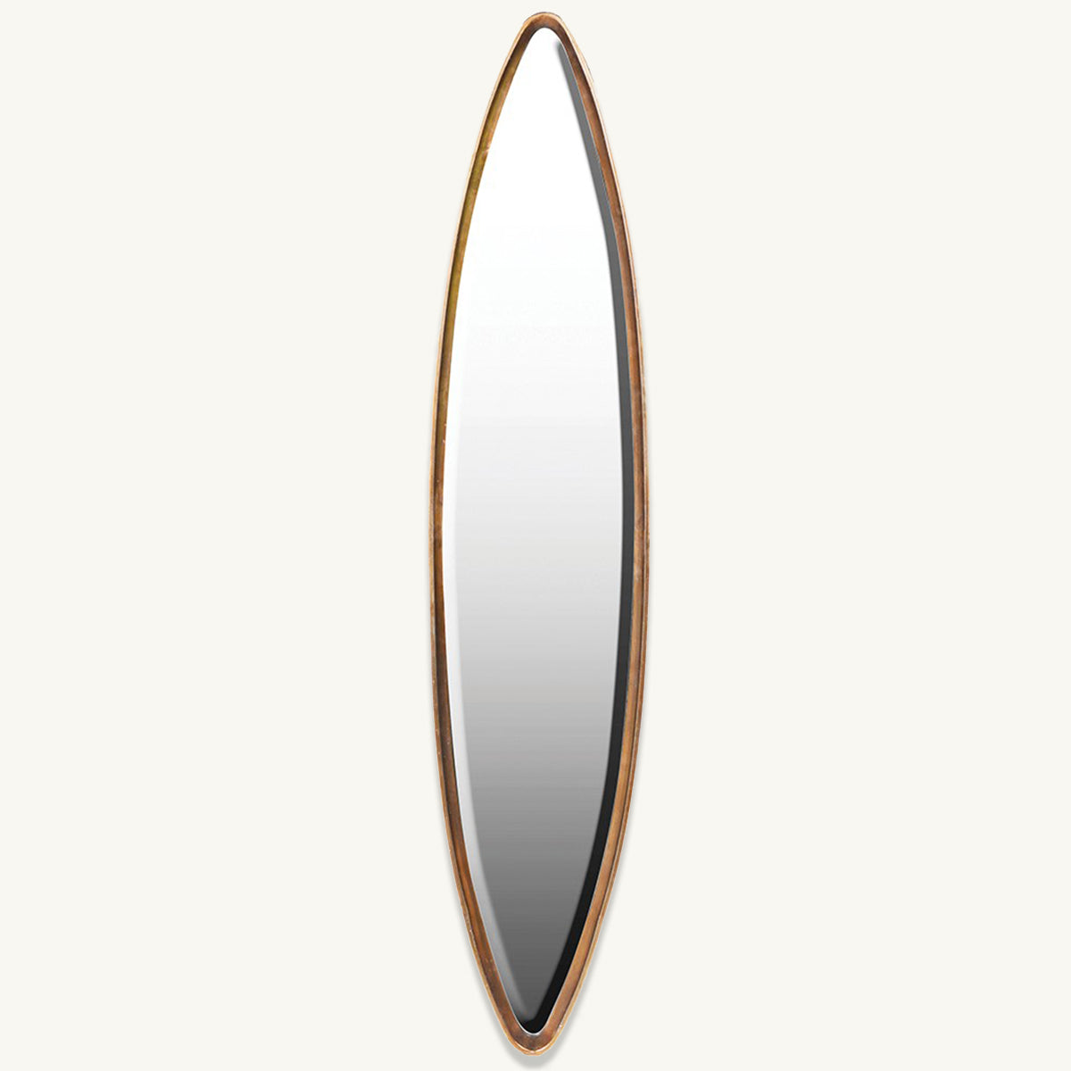 A mandorla shaped mirror complete with a sleek golden frame.
