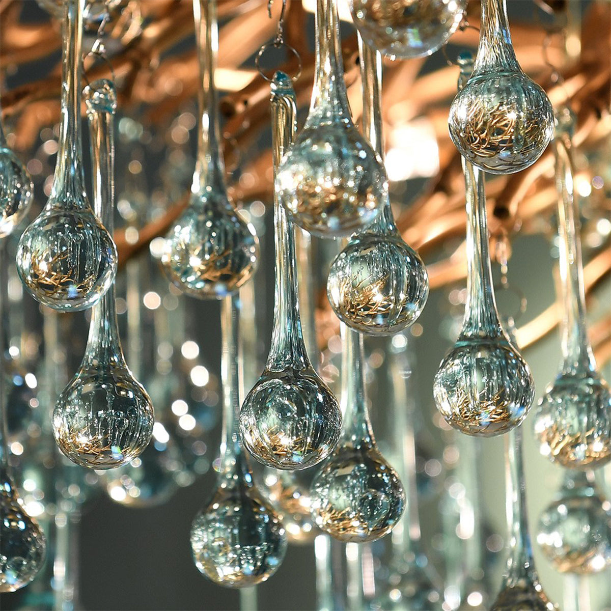 Close-up of a chandelier with glass droplet lights