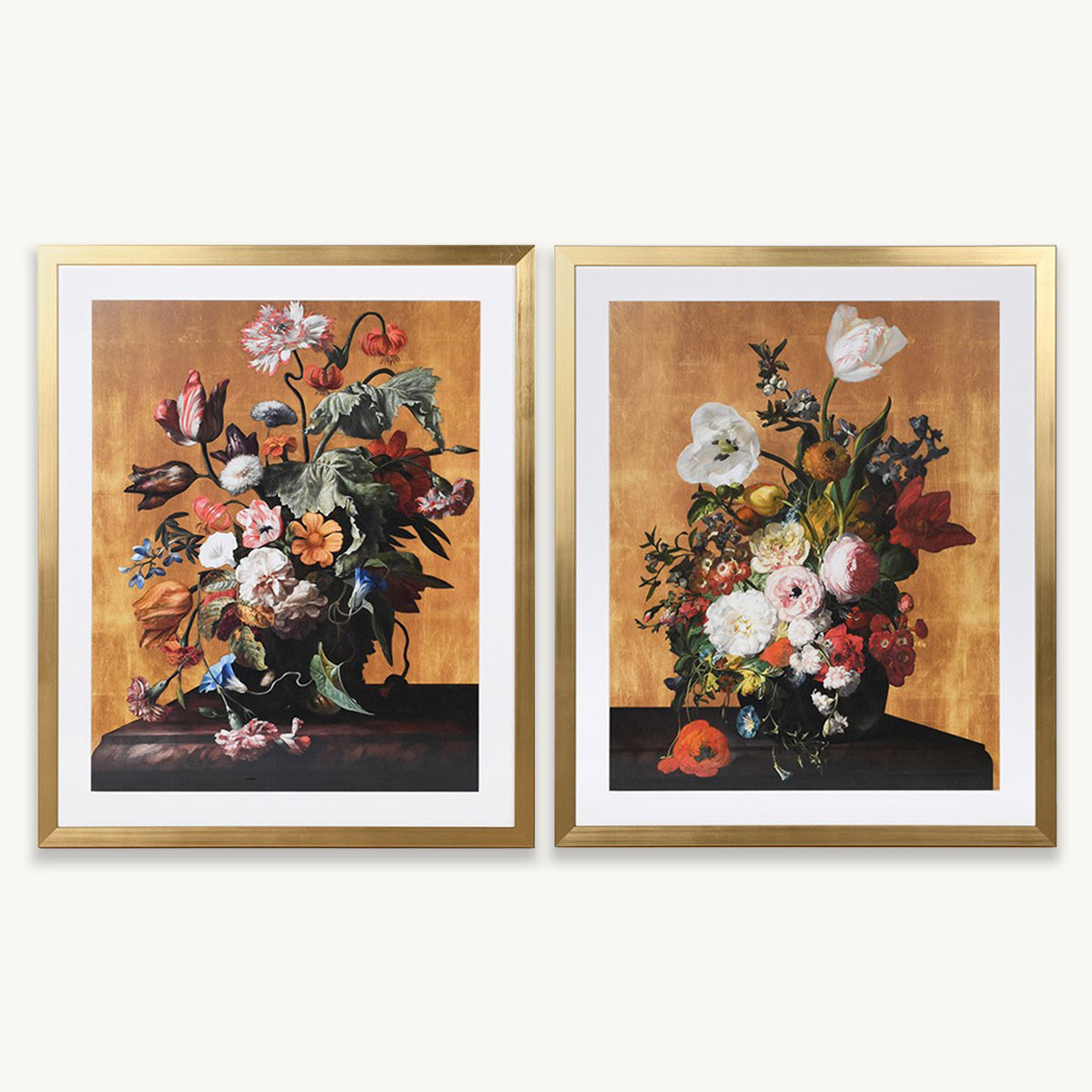 Two framed floral artworks on a white background