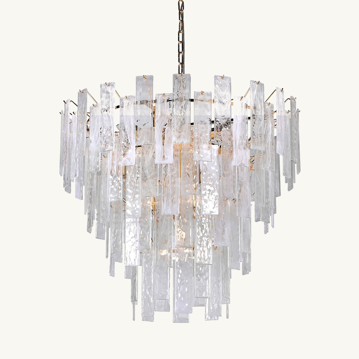 A luxurious golden chandelier featuring tiers of shimmering glass pieces, with a sophisticated design suitable for living room ceilings or hallways.
