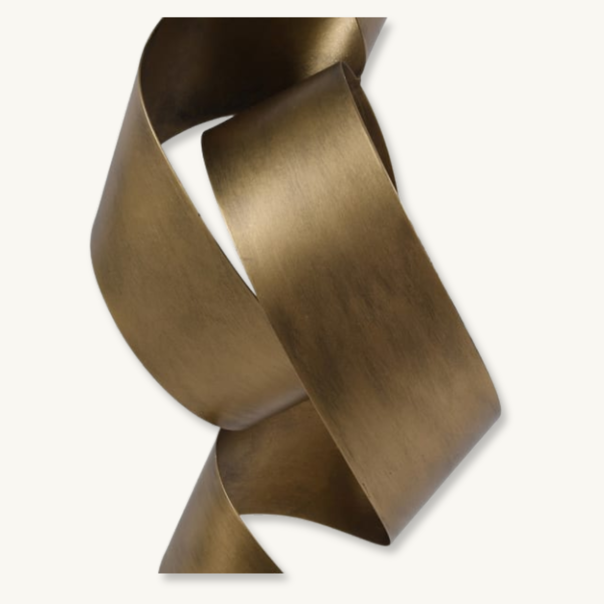 Abstract bronze-brown ribbon twists and loops in a sculptural form against an off-white background.