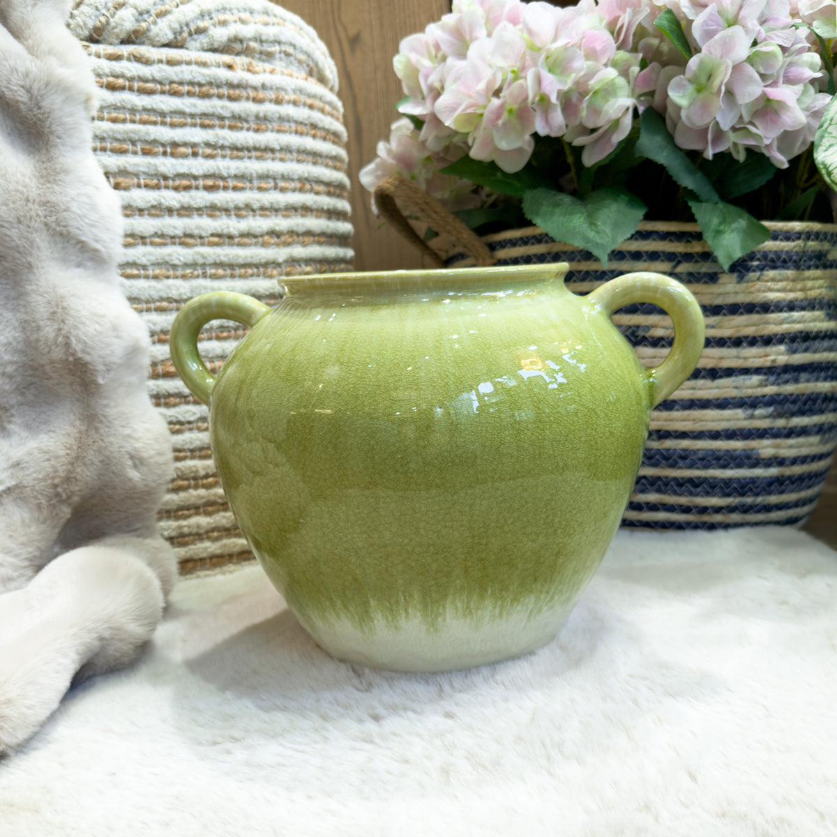 Green & White Ombre Glazed Handle Vase - Round