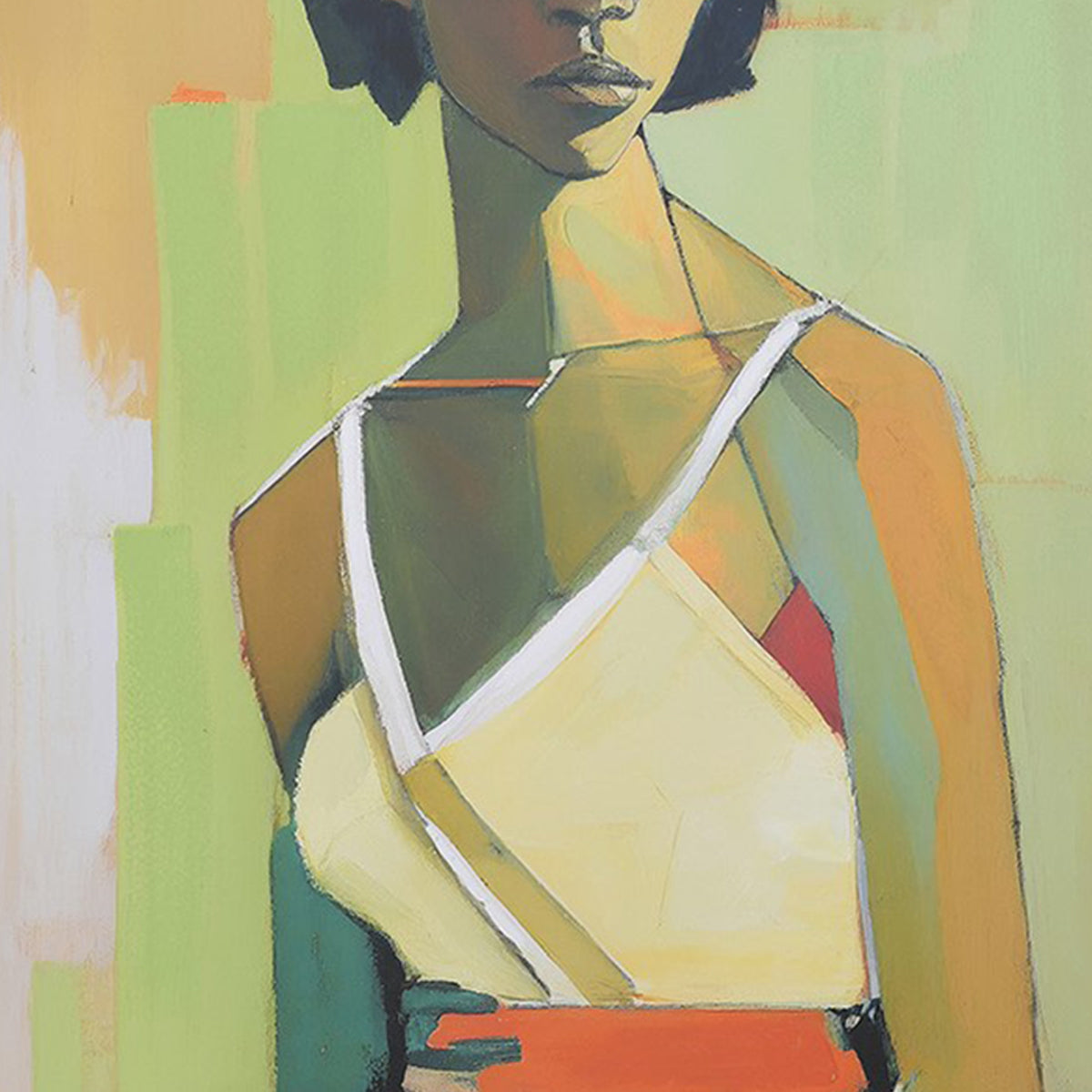 Artistic depiction of a person wearing a yellow top with green and orange background