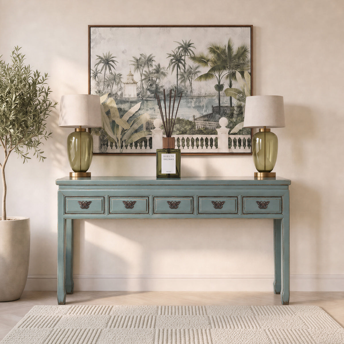 Grey Blue 5 Drawer Lacquered Console