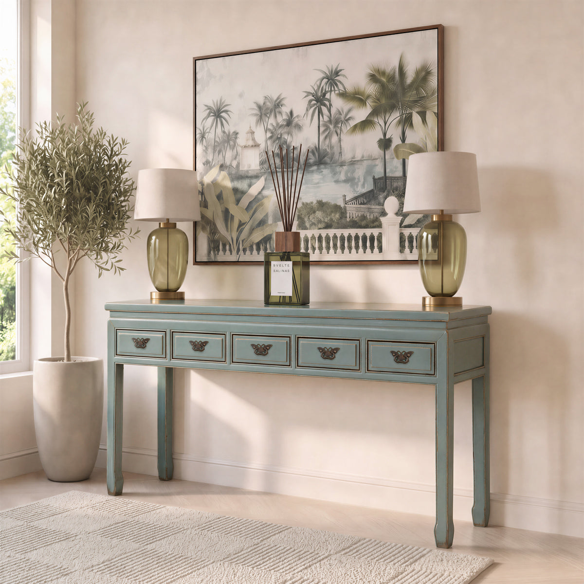 Grey Blue 5 Drawer Lacquered Console