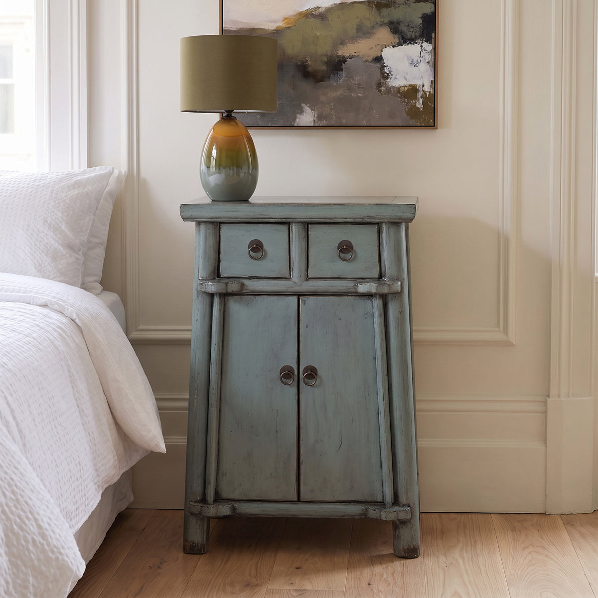 Grey Blue Laquered Pine 2 Door Side Table