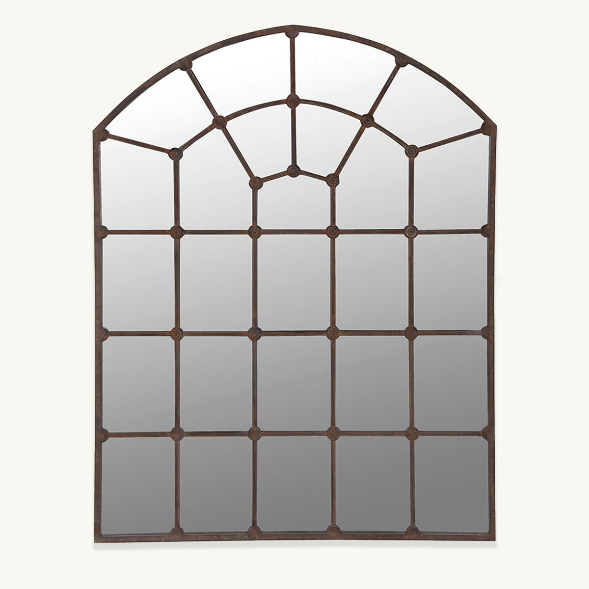 A curved top arch mirror in rustic brown iron, with windowpane details.
