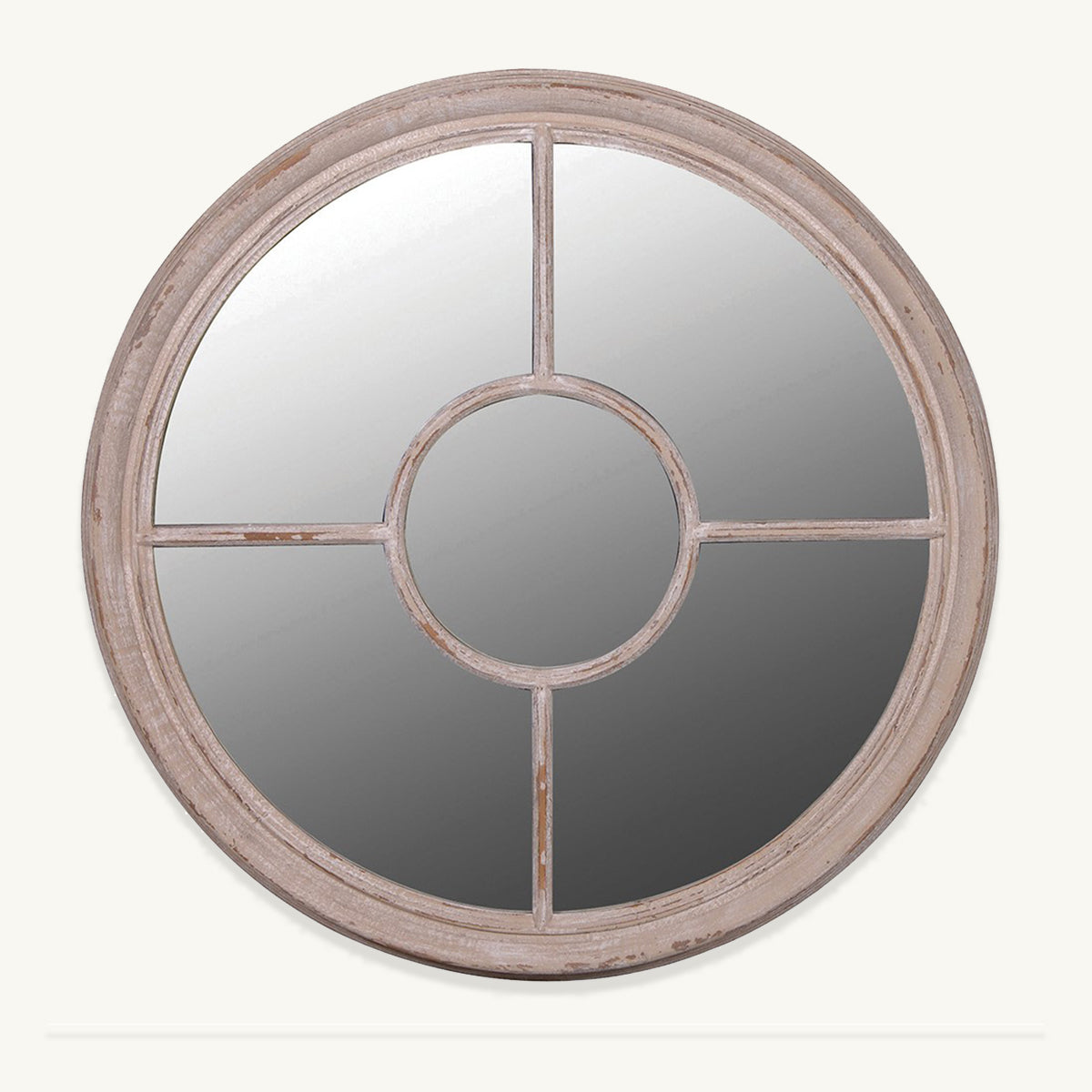 A round wood mirror with window pane detailling with a central circle frame.