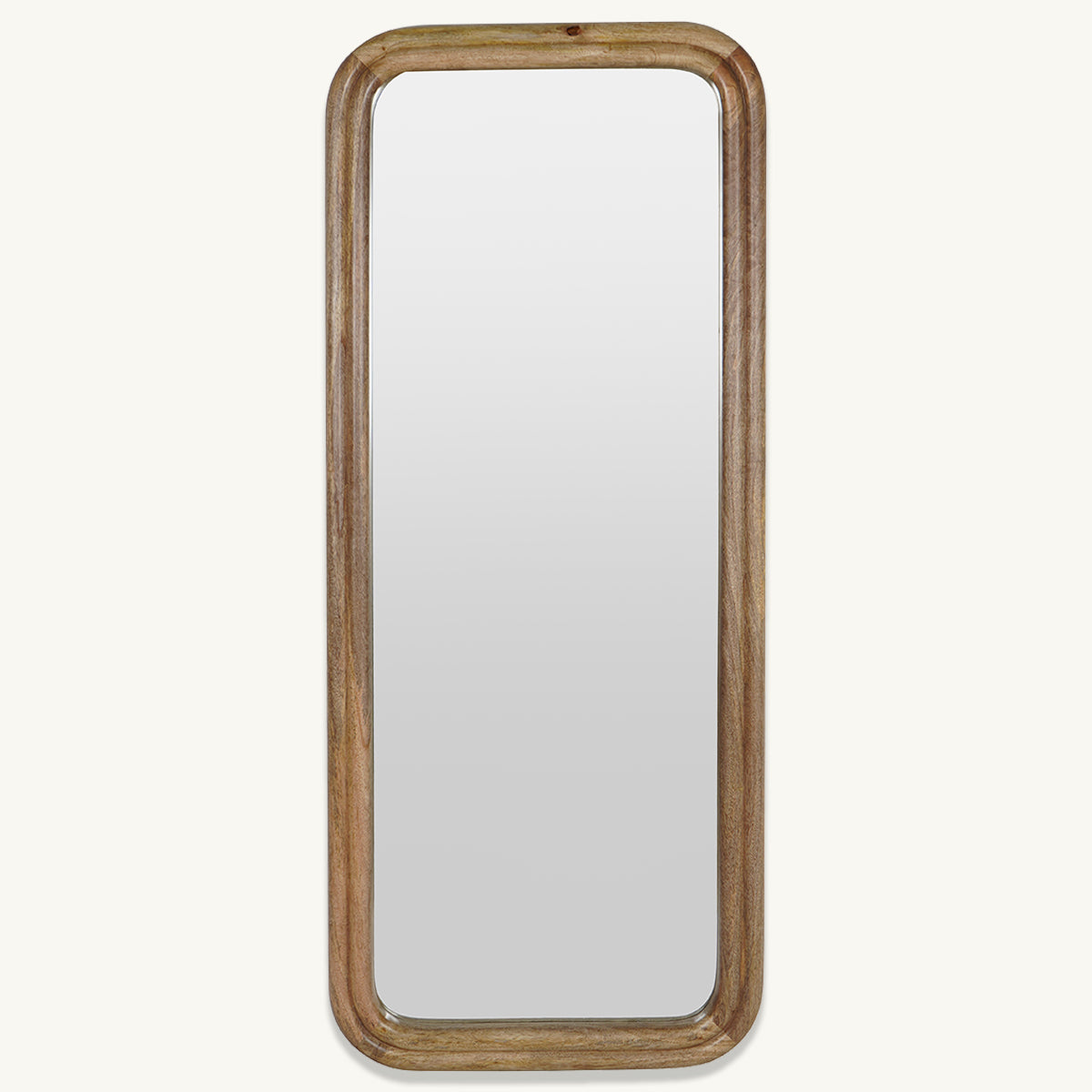 A curved edge rectangular mirror with a double bordered mango wood frame.