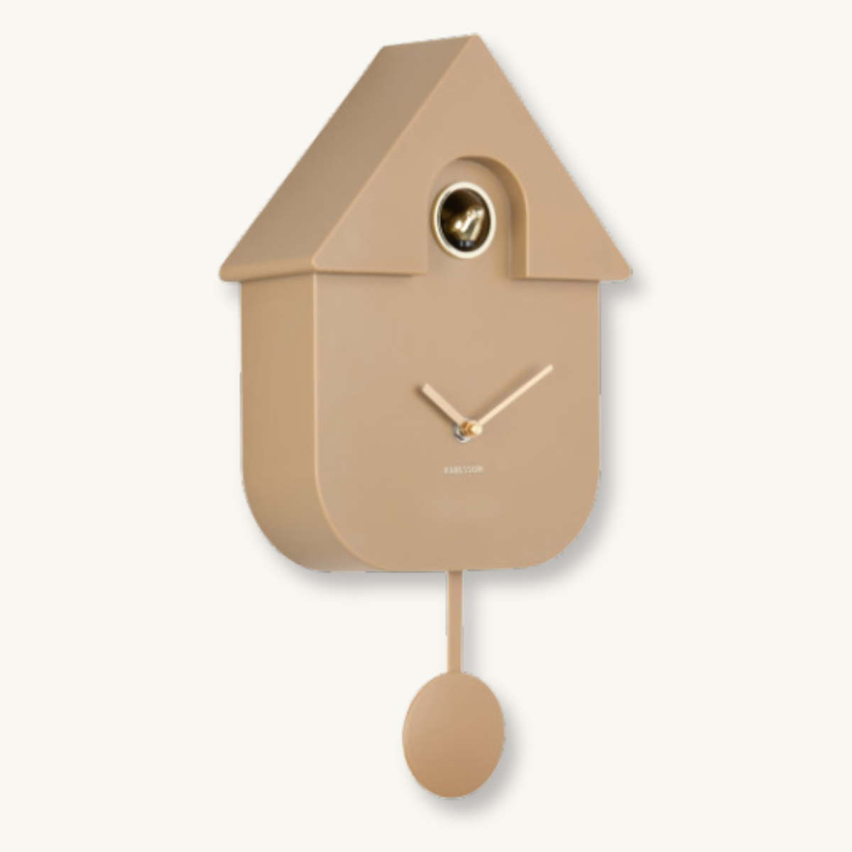 Minimalist light brown cuckoo clock shaped like a tiny house, with a round window, simple hands, and hanging pendulum on a light background.