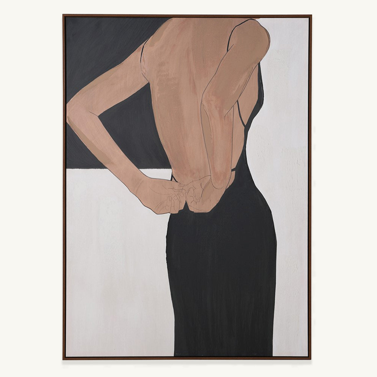 A monochrome wall canvas featuring the back of a lady wearing a little black dress.