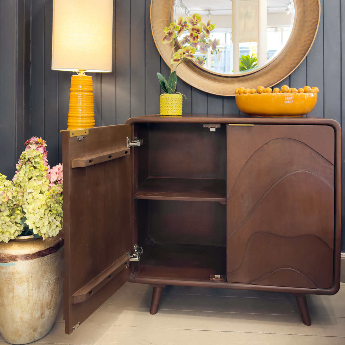 Dark Mango Wood Wave Front 2 Door Cabinet