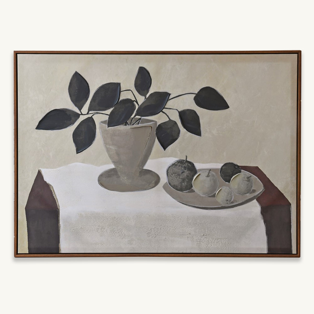 Framed still life painting with a vase and fruits on a table.