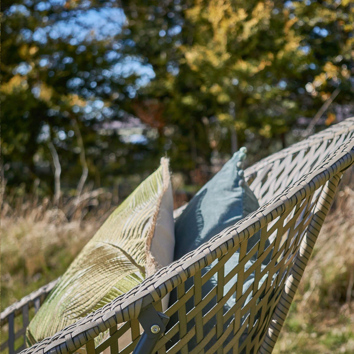 Woven chair with cushions in a natural outdoor setting