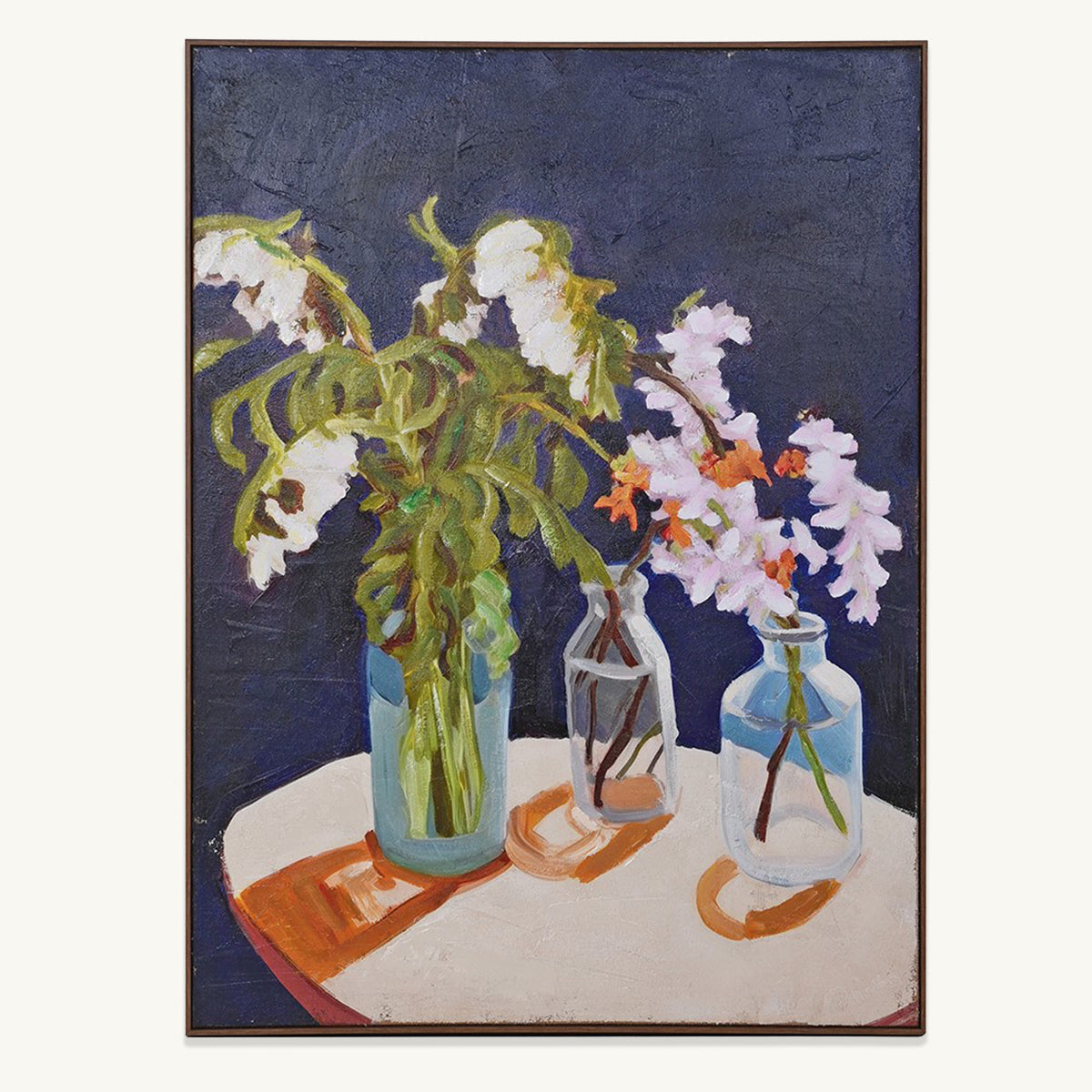 Painting of flowers in glass bottles on a table with a dark background