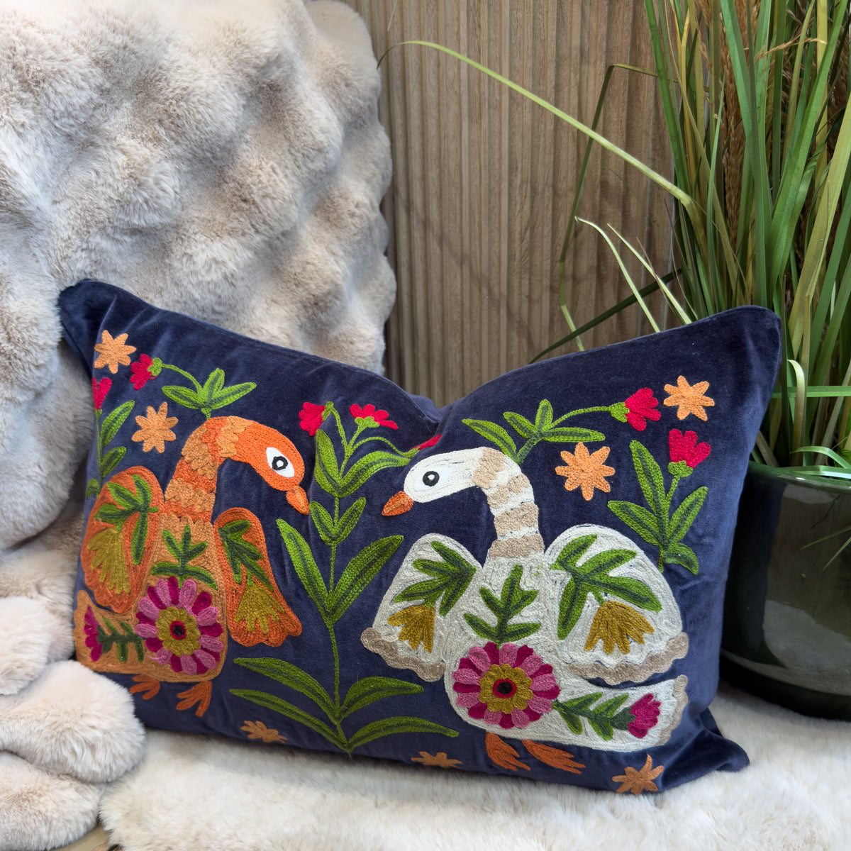 Navy Embroidered Swan & Floral Cushion - 40x60cm