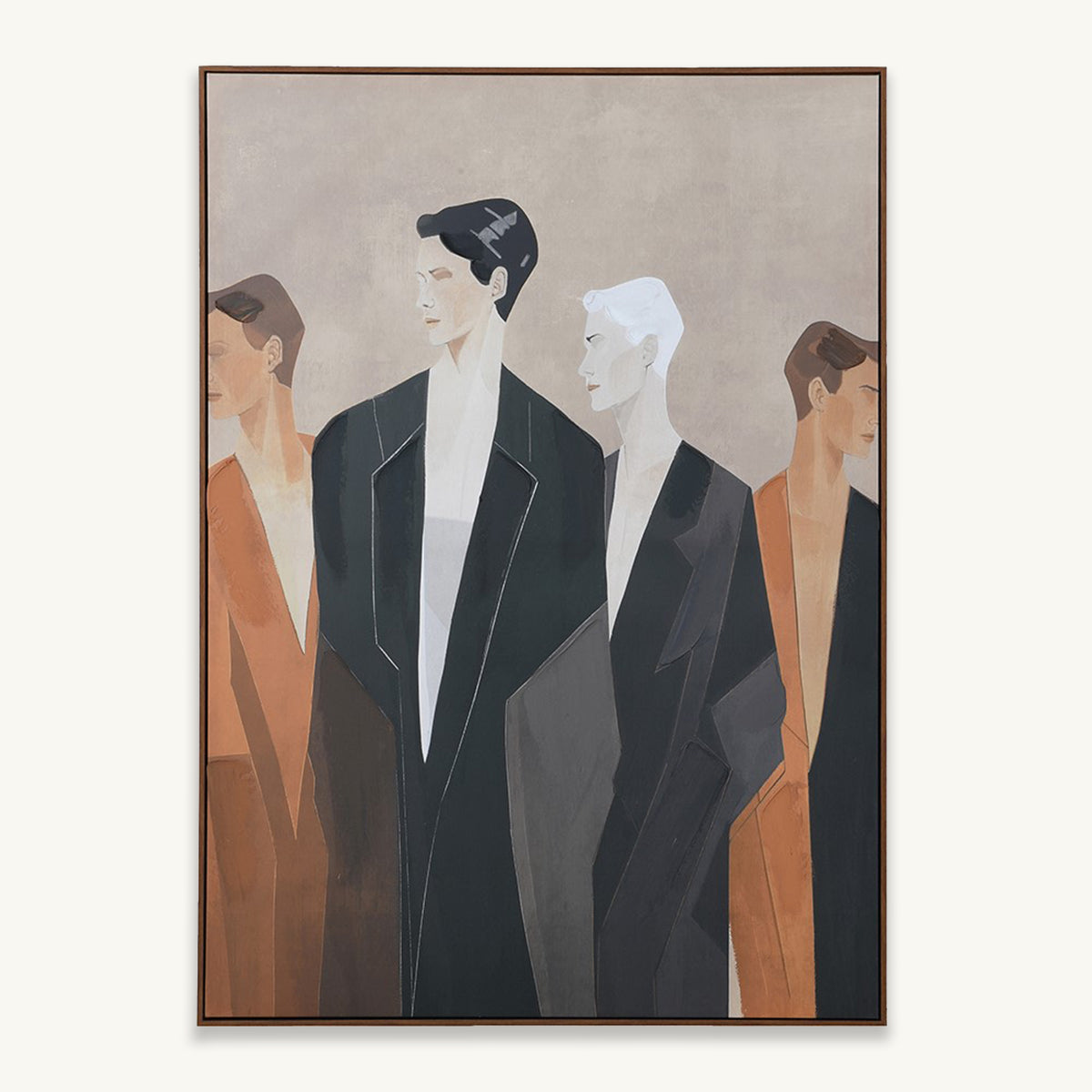 Framed artwork of four stylized figures on a beige background