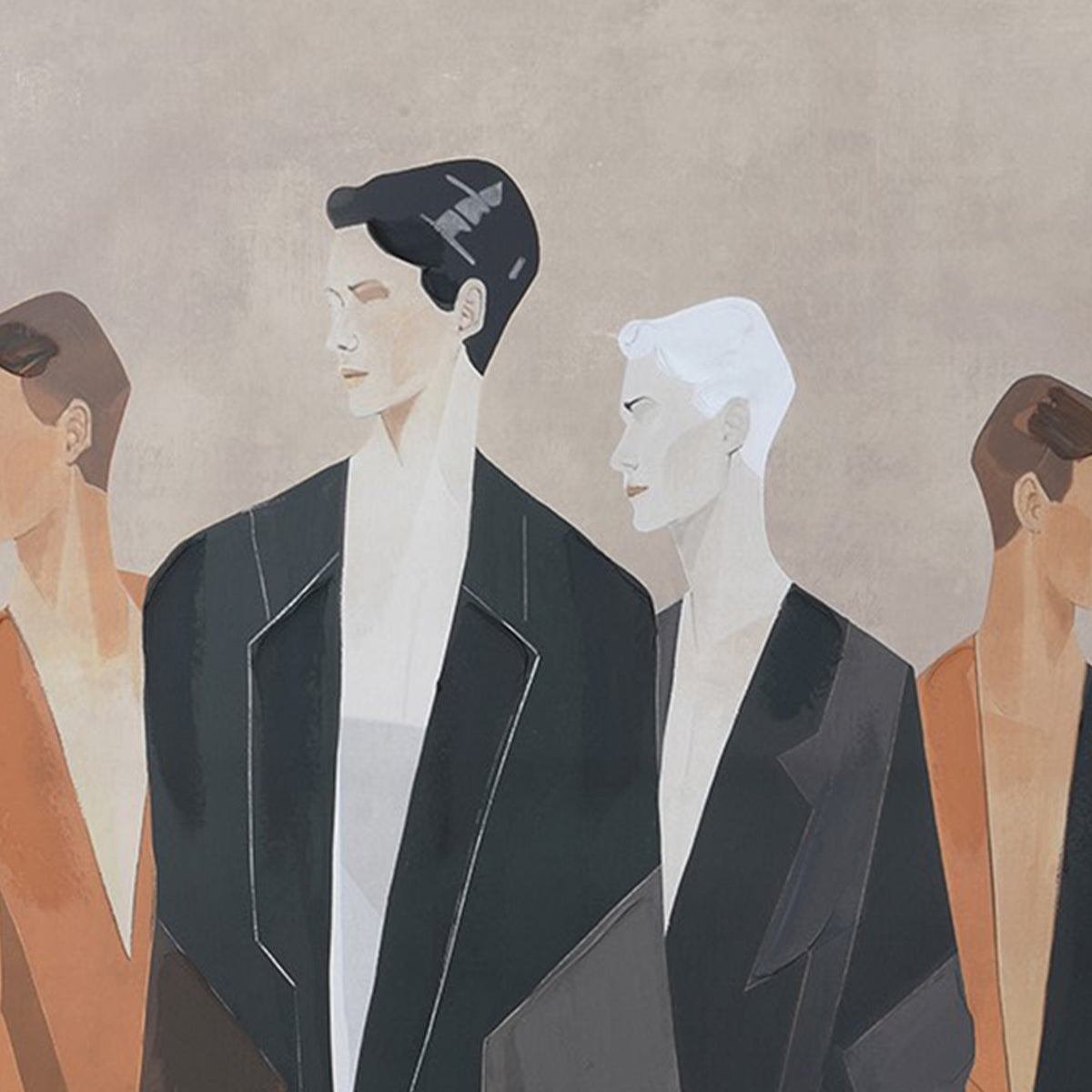 Artistic depiction of four figures in formal attire against a neutral background