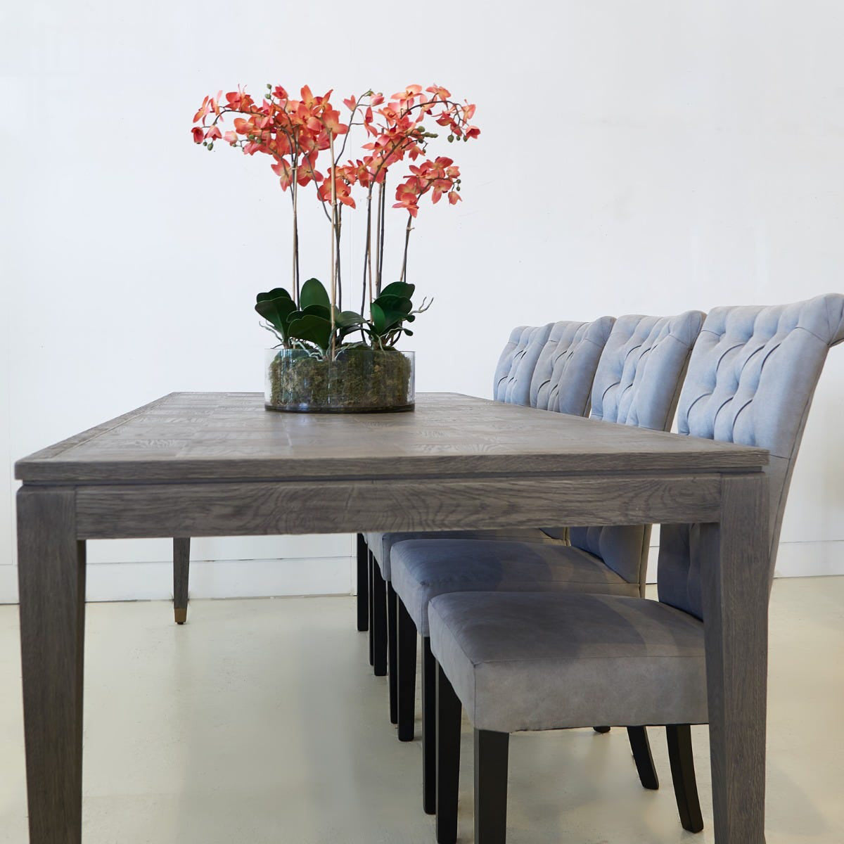 Greyed oak dining table with 4 dining chairs in grey