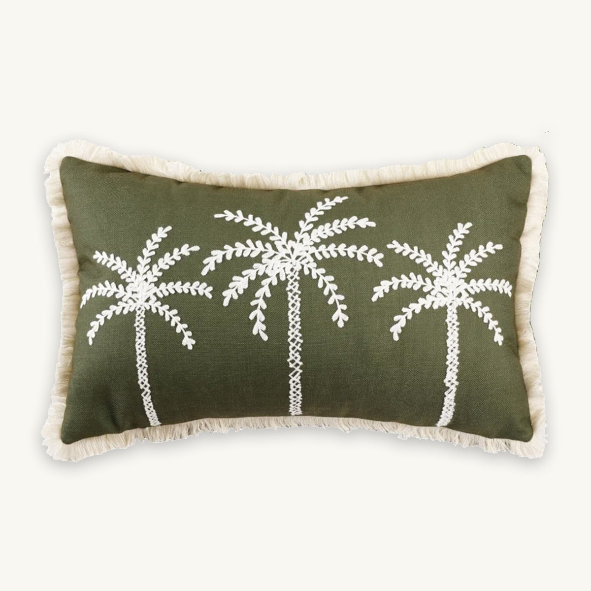 Olive & Cream Fringed Palm Cushion - 30x50cm