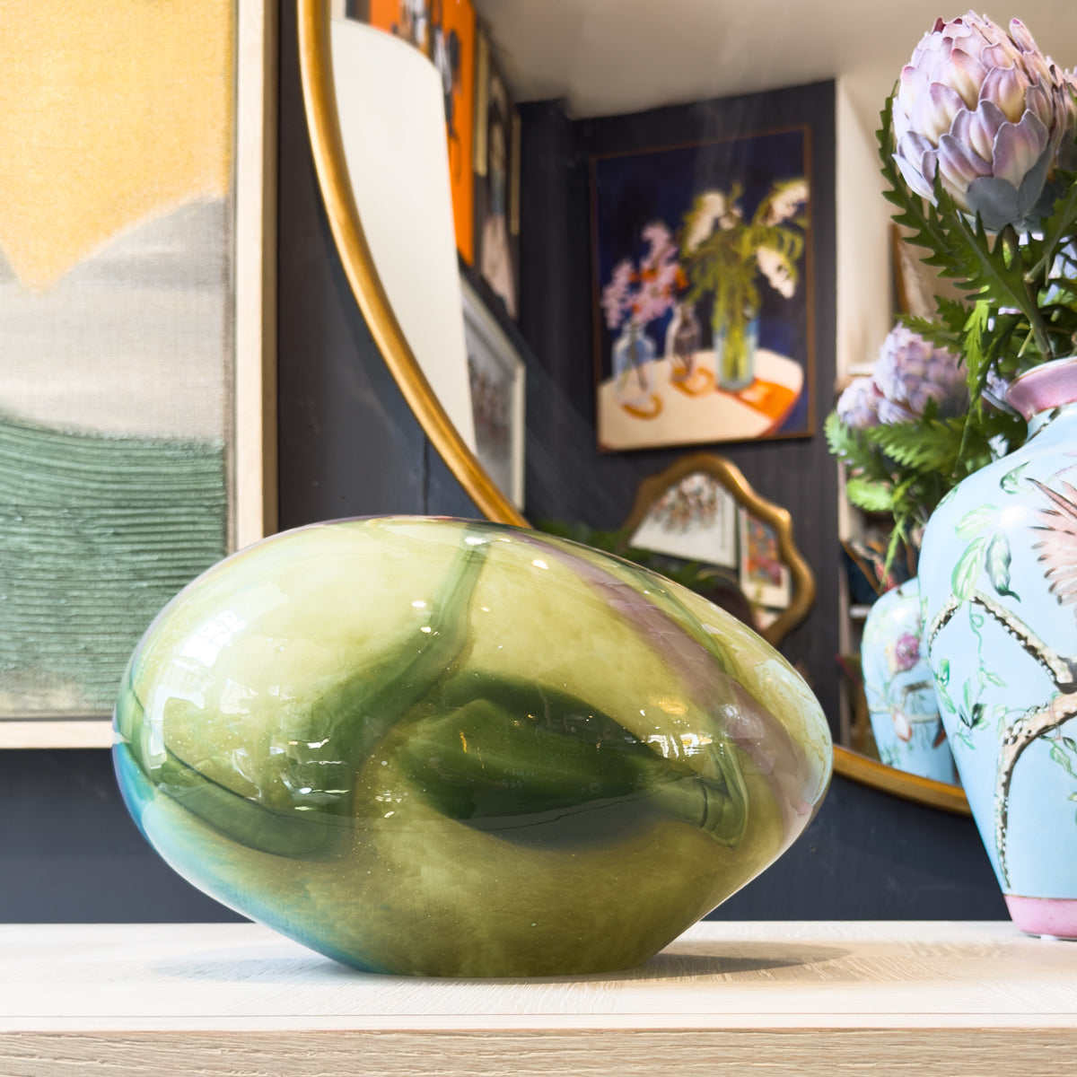 Pink Green & Blue Pebble Glass Lamp