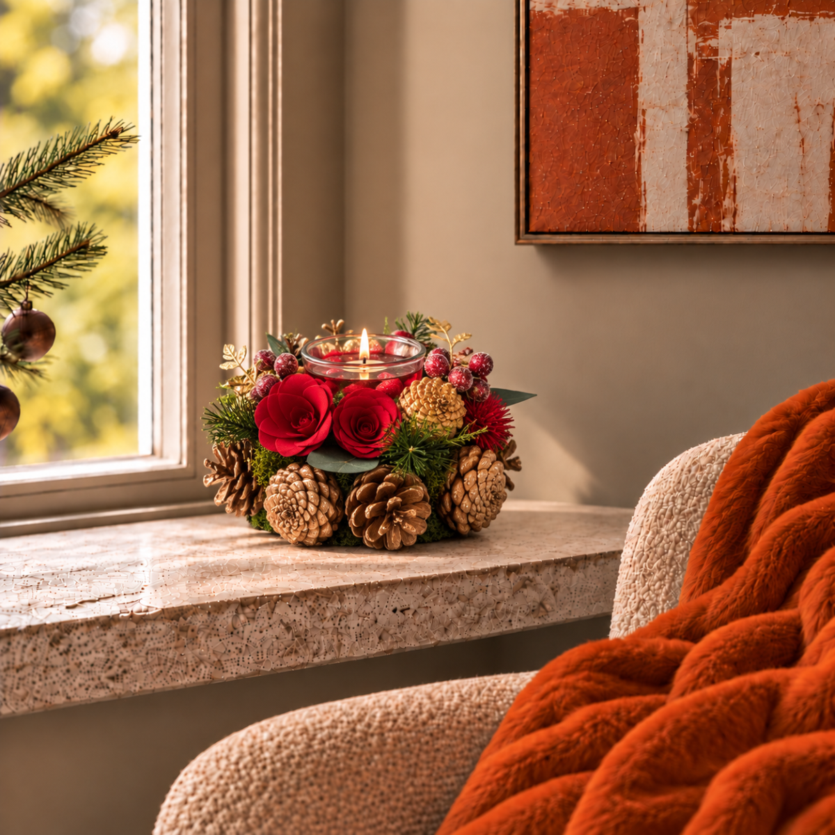 Red Rose & Pinecone Tealightholder