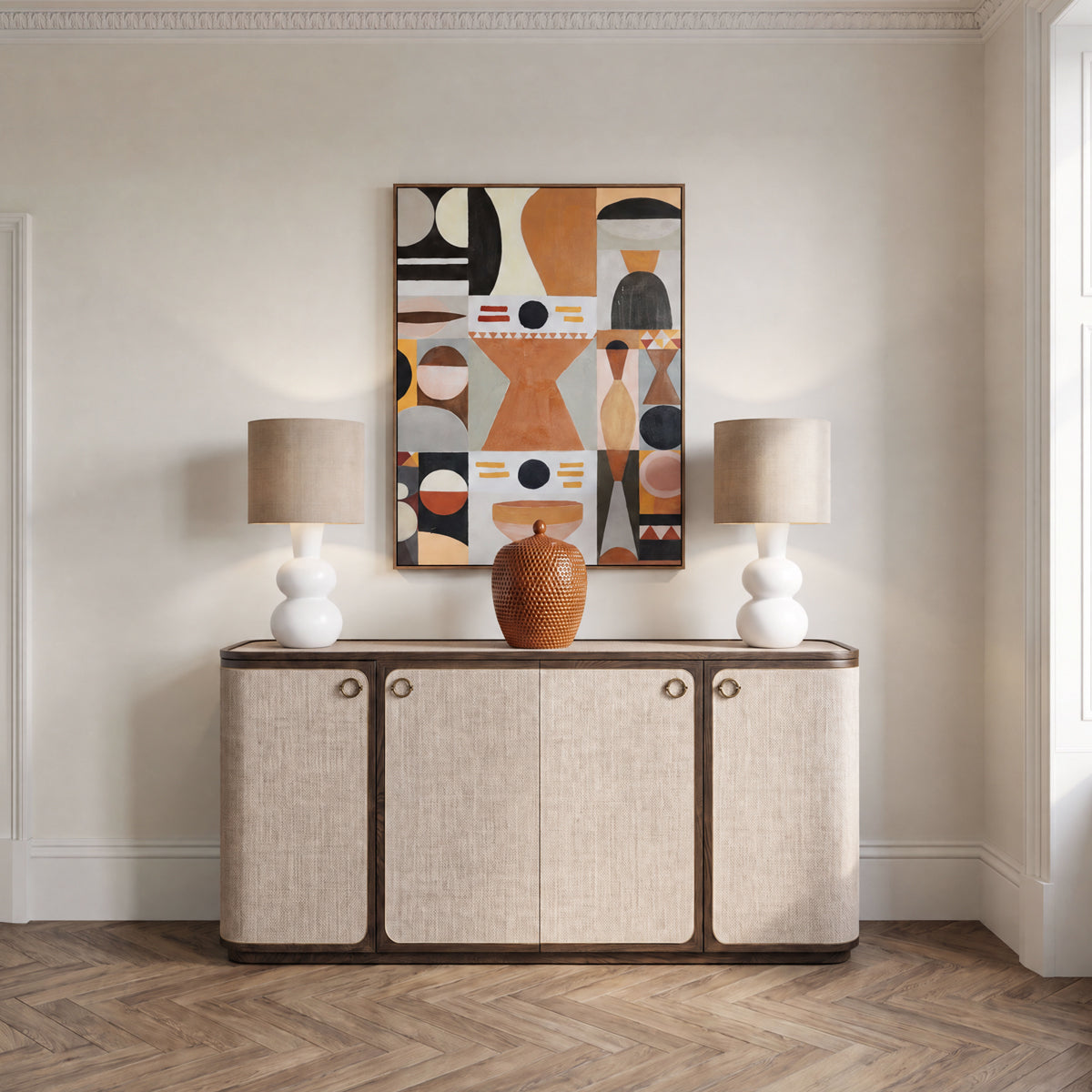 Retro Curved Linen & Oak 4 Door Sideboard