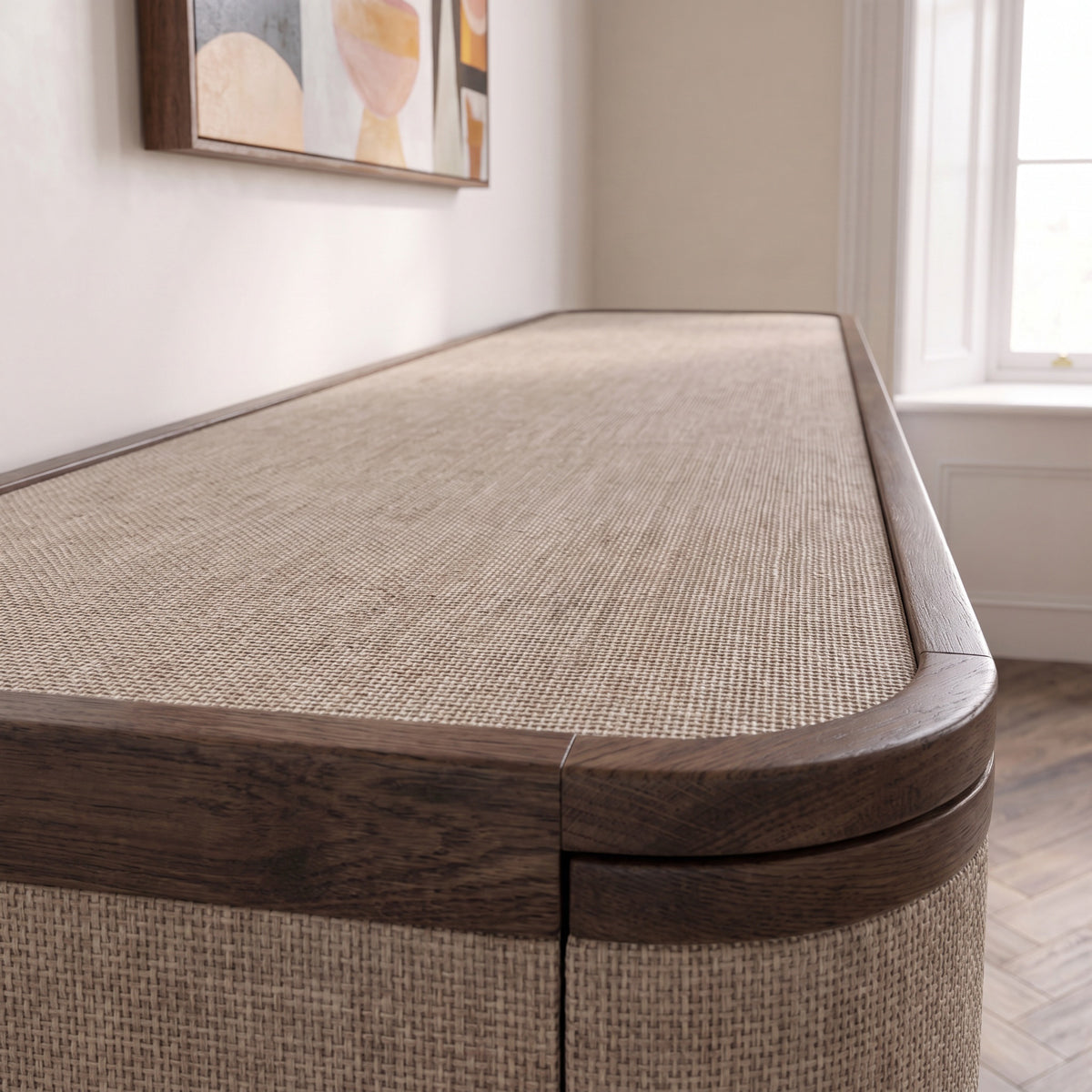 Retro Curved Linen & Oak 4 Door Sideboard