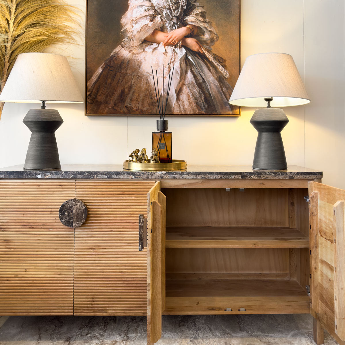 Black Marble Handle Ridged Mango Wood Sideboard